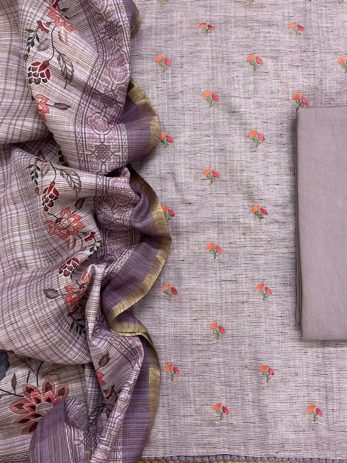 Soft Slub Cotton Silk Printed Embroidered Suit - Lavender