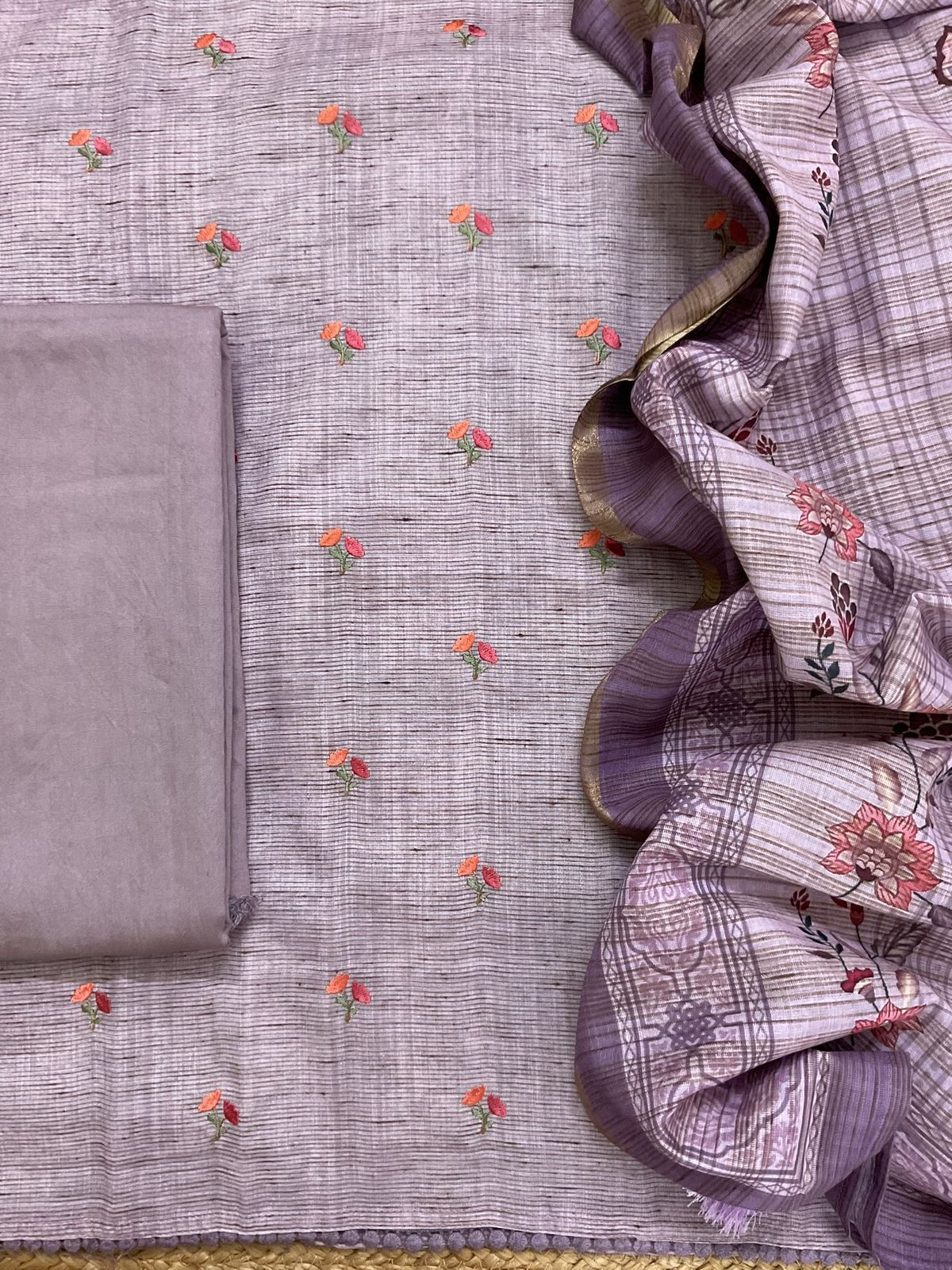 Soft Slub Cotton Silk Printed Embroidered Suit - Lavender