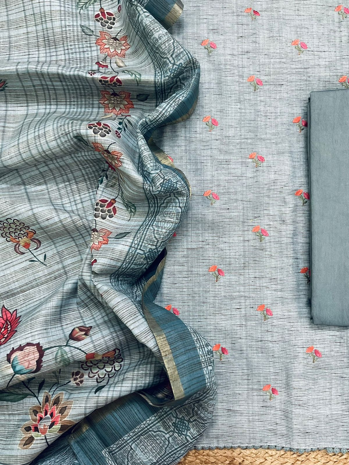 Soft Slub Cotton Silk Printed Embroidered Suit - Blue