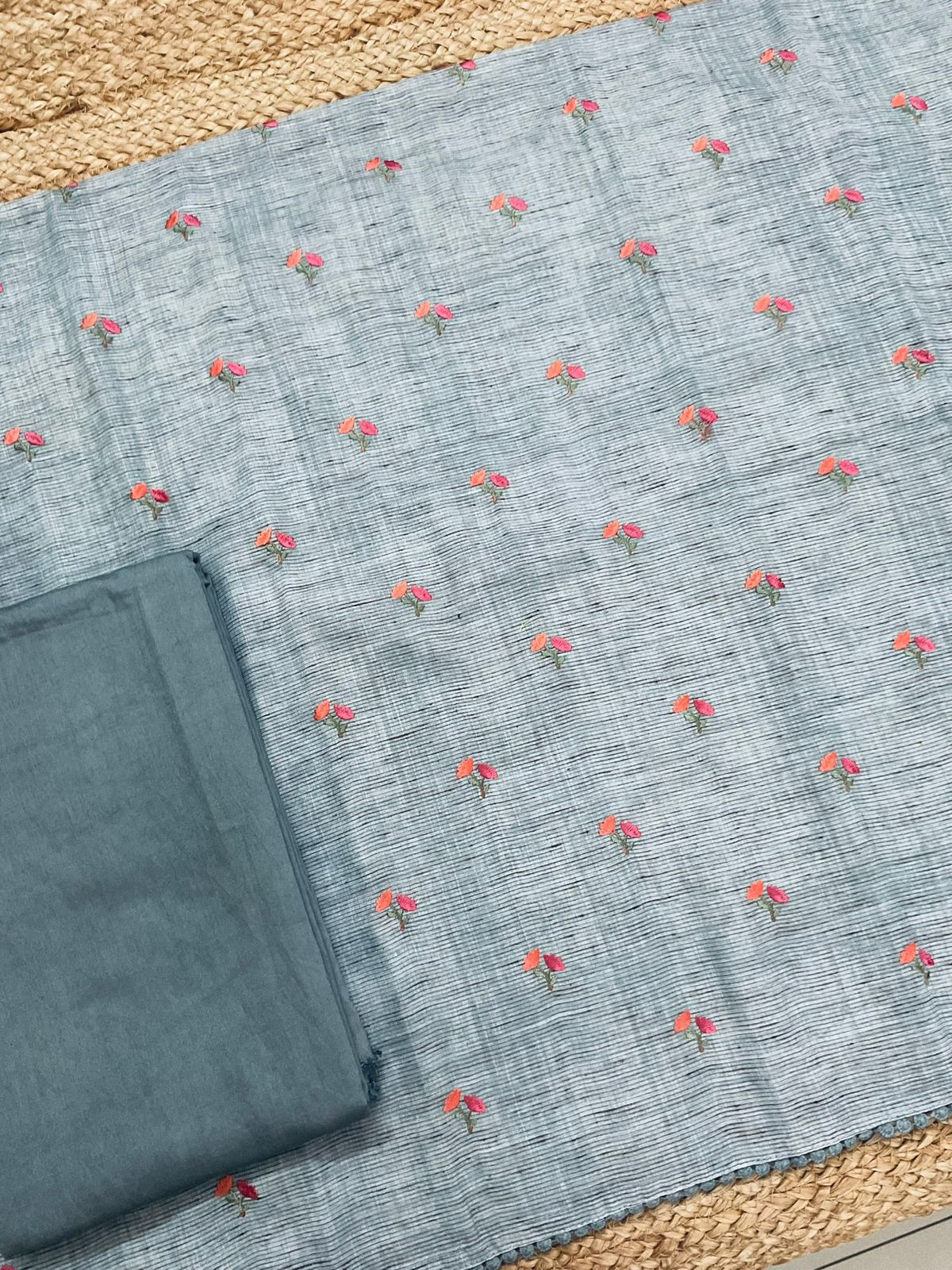 Soft Slub Cotton Silk Printed Embroidered Suit - Blue