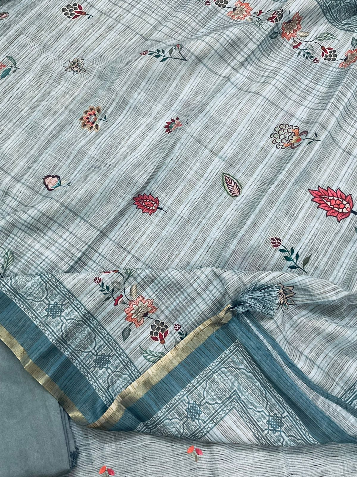 Soft Slub Cotton Silk Printed Embroidered Suit - Blue