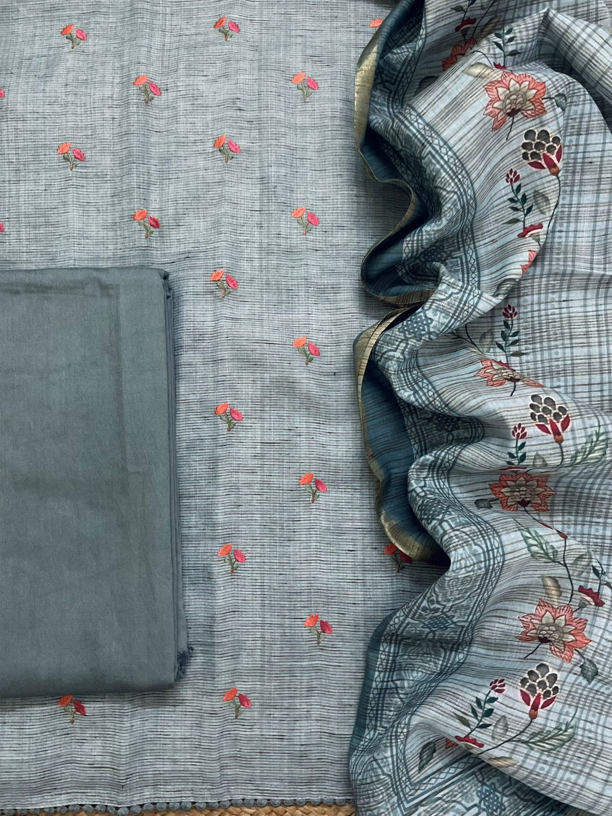 Soft Slub Cotton Silk Printed Embroidered Suit - Blue