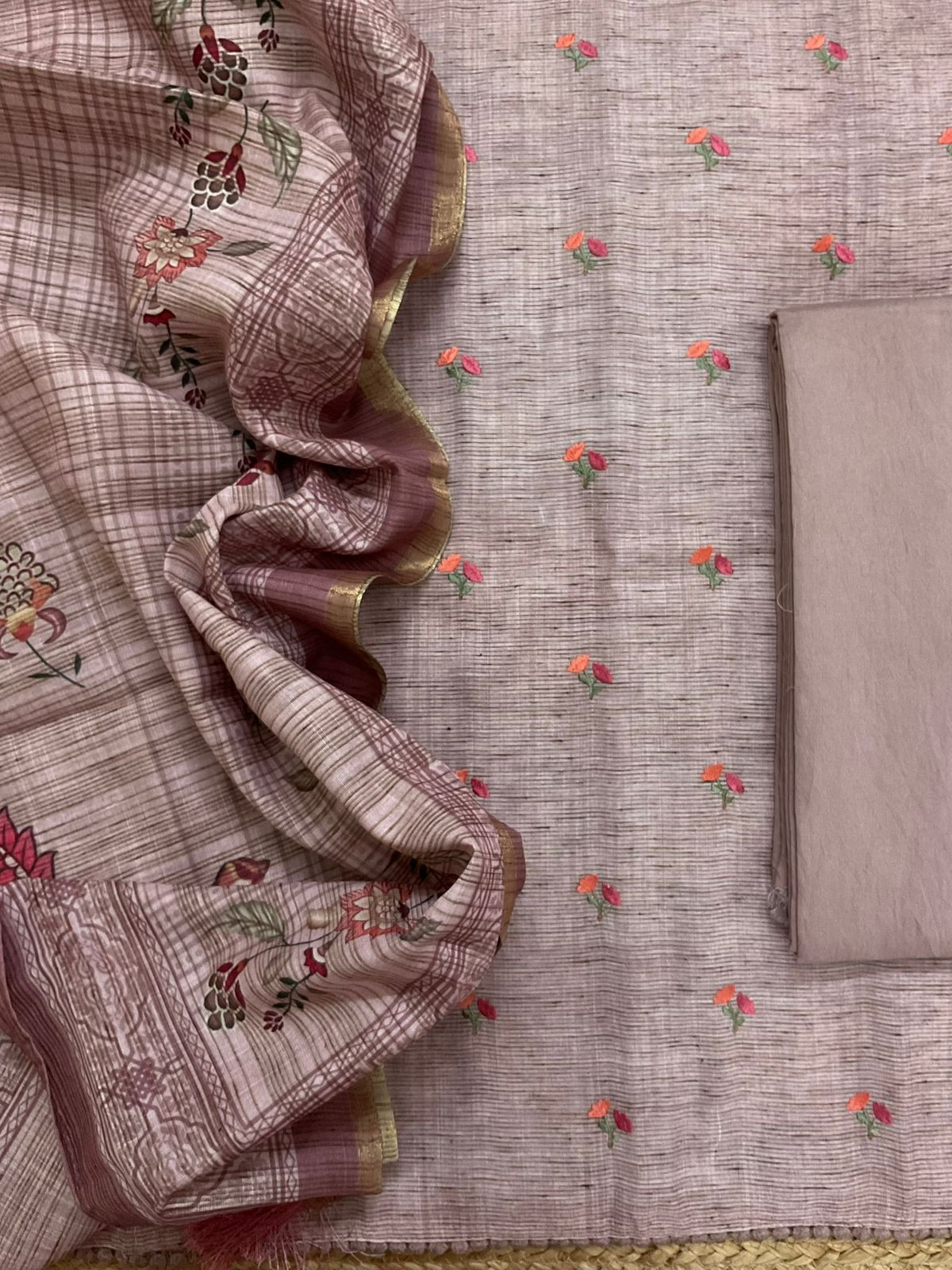 Soft Slub Cotton Silk Printed Embroidered Suit - Peachish Beige