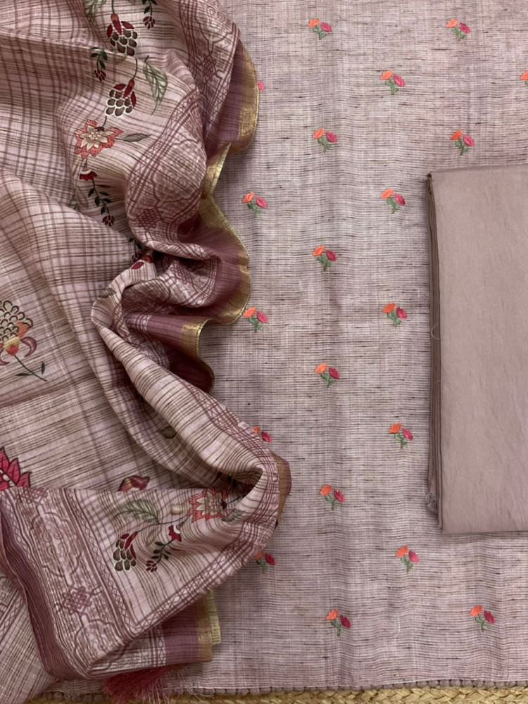 Image of Soft Slub Cotton Silk Printed Embroidered Suit - Peachish Beige