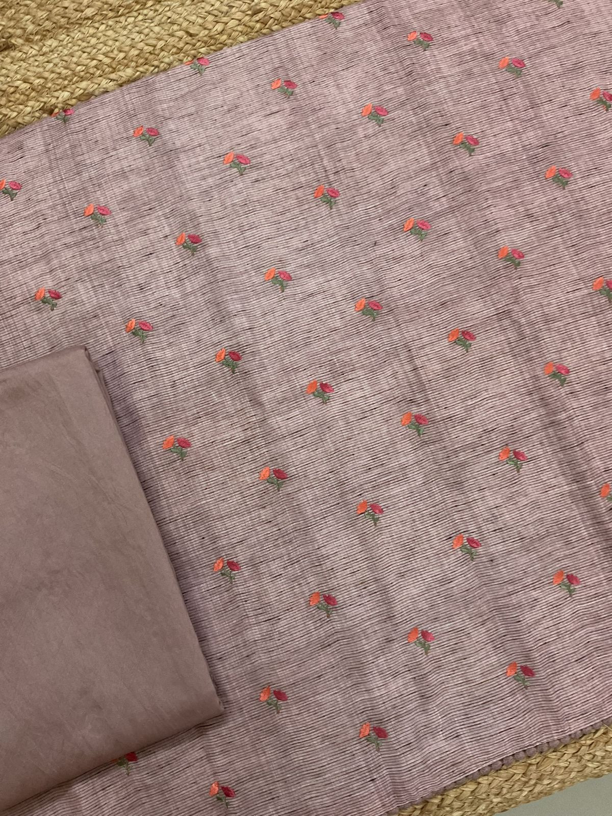Soft Slub Cotton Silk Printed Embroidered Suit - Peachish Beige