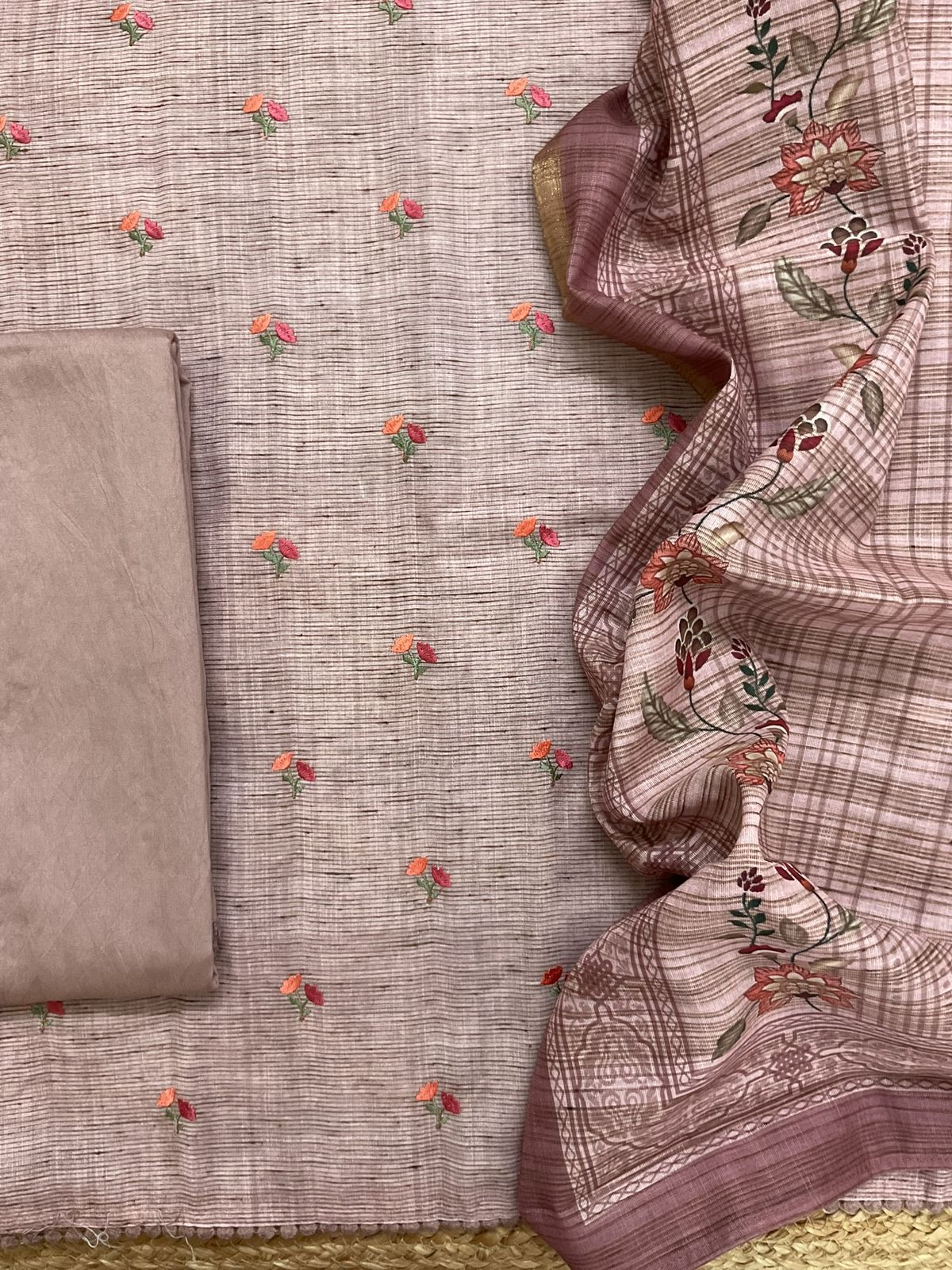 Soft Slub Cotton Silk Printed Embroidered Suit - Peachish Beige