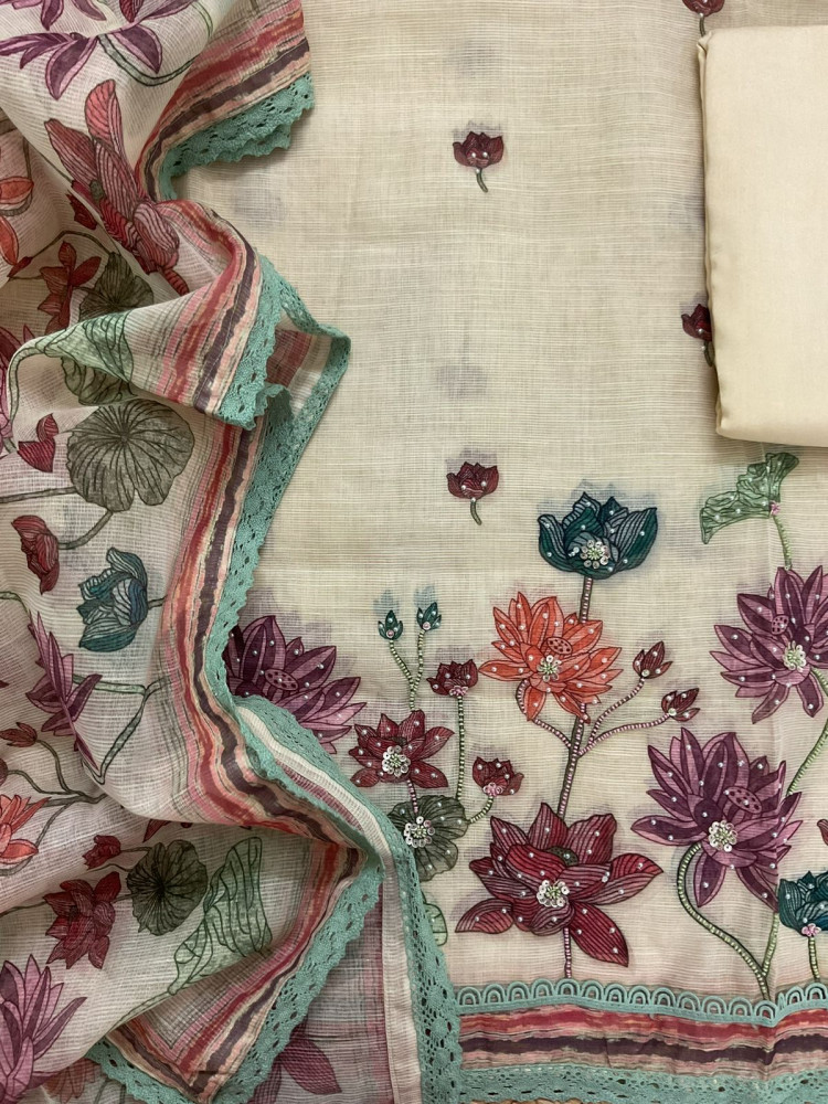 Image of Soft Fine Supernet Printed Embroidered Suit - Cream