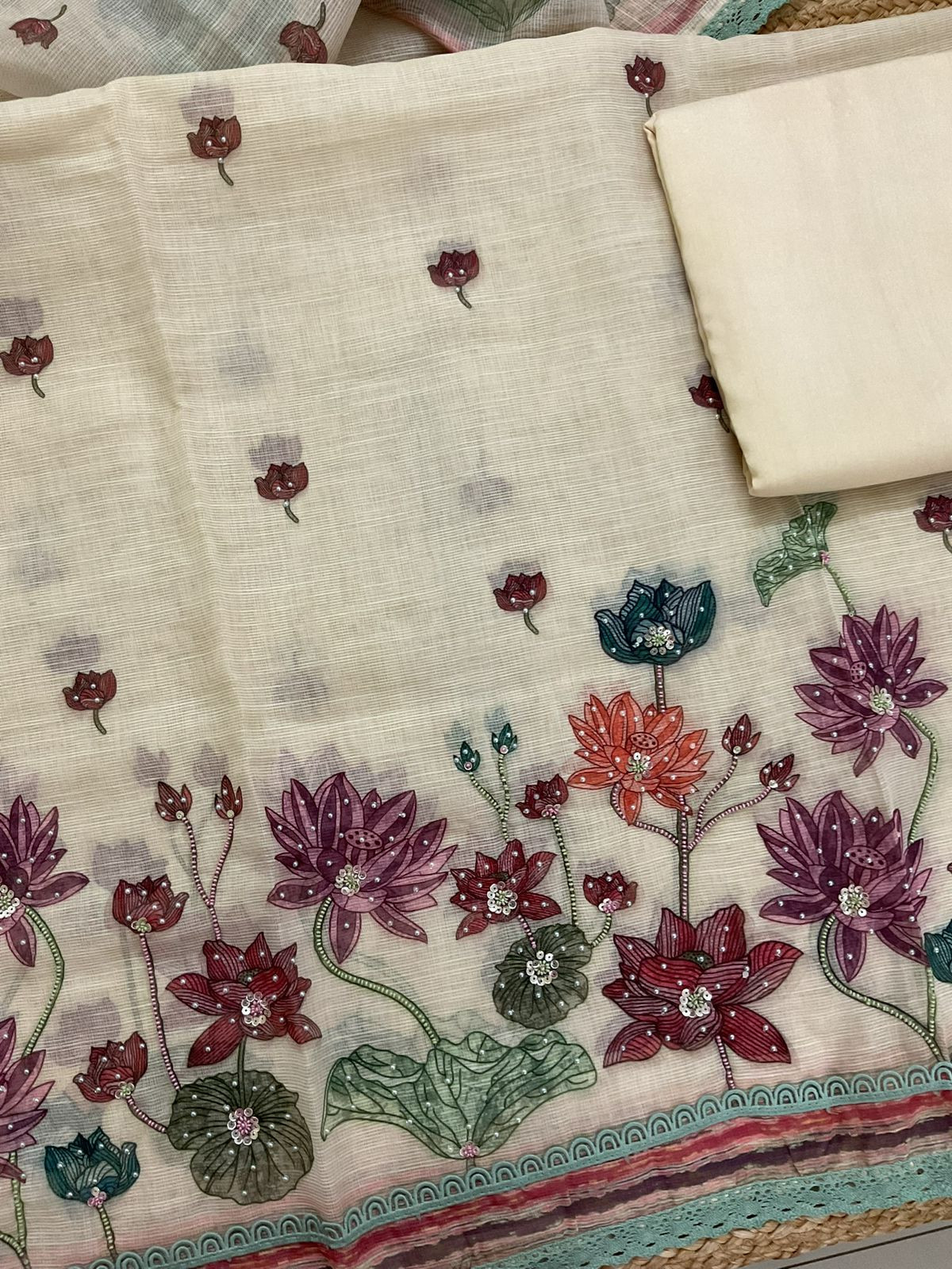 Soft Fine Supernet Printed Embroidered Suit - Cream