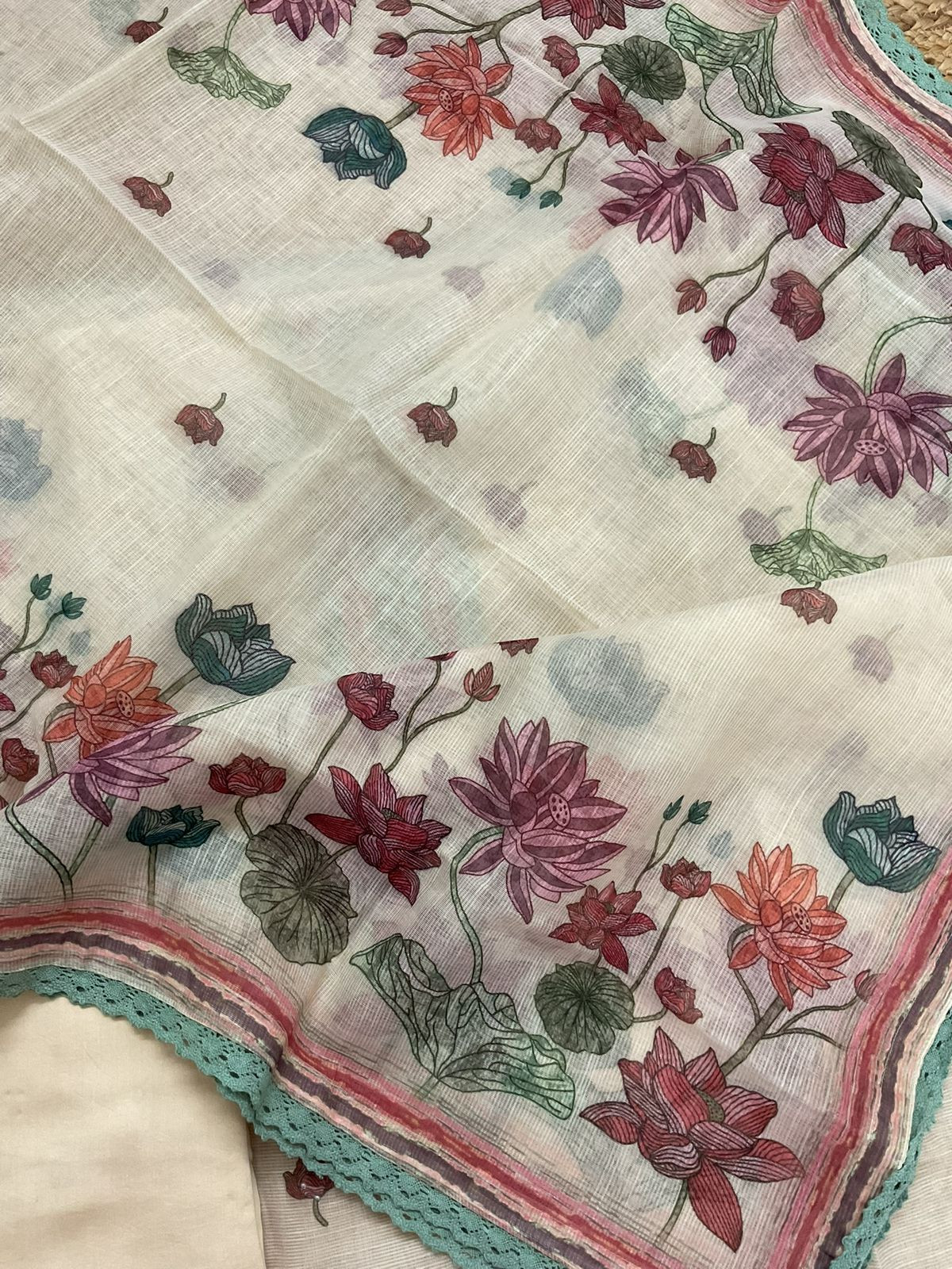 Soft Fine Supernet Printed Embroidered Suit - Cream