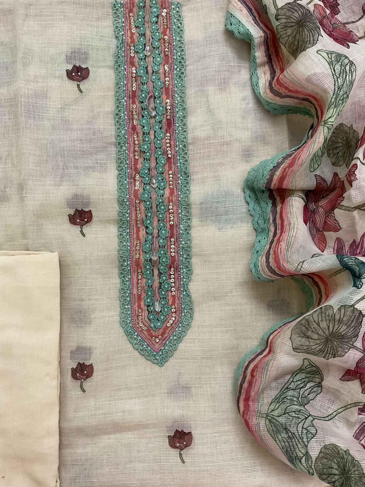 Soft Fine Supernet Printed Embroidered Suit - Cream