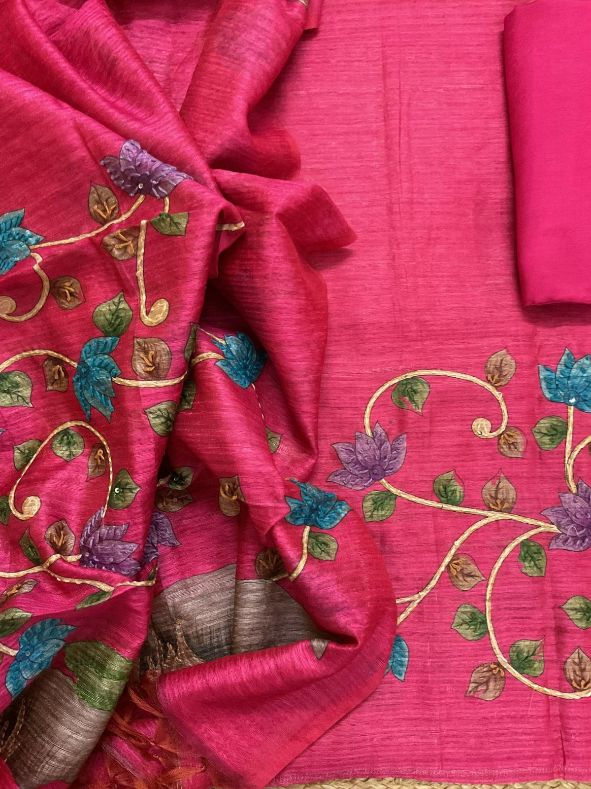 Soft Semi Raw Silk Printed Embroidered Suit - Pink