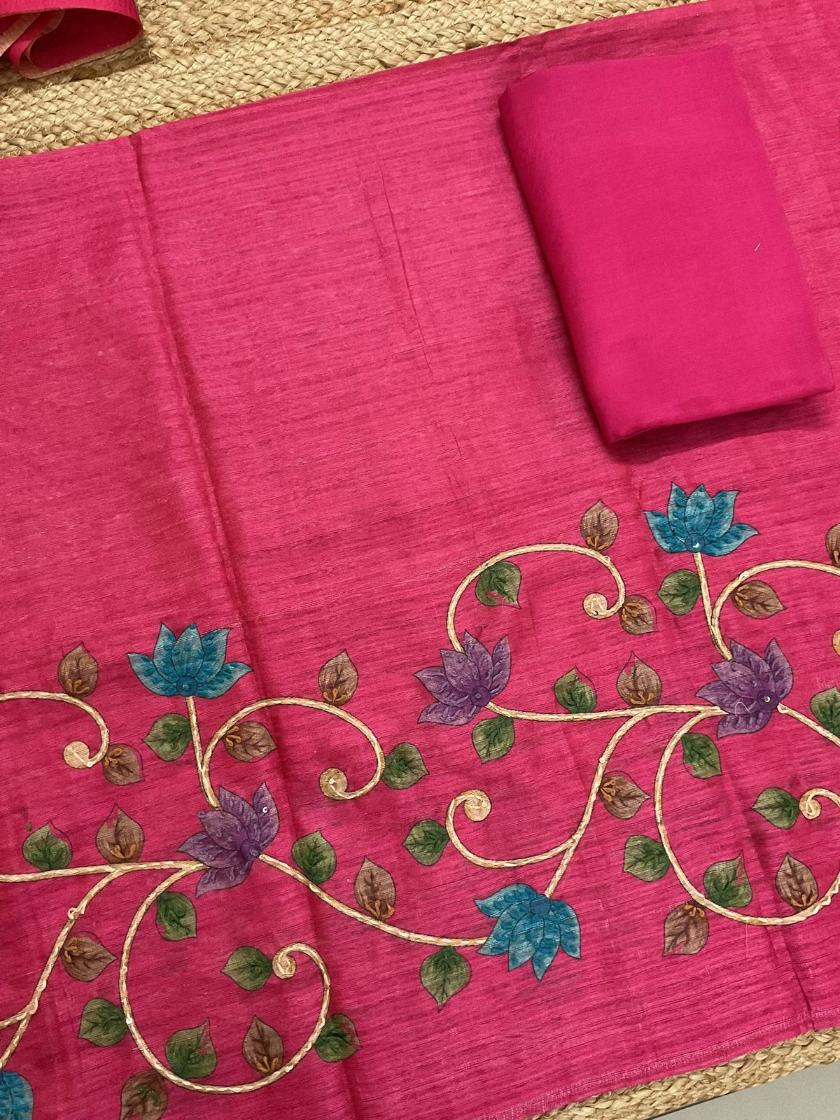 Soft Semi Raw Silk Printed Embroidered Suit - Pink