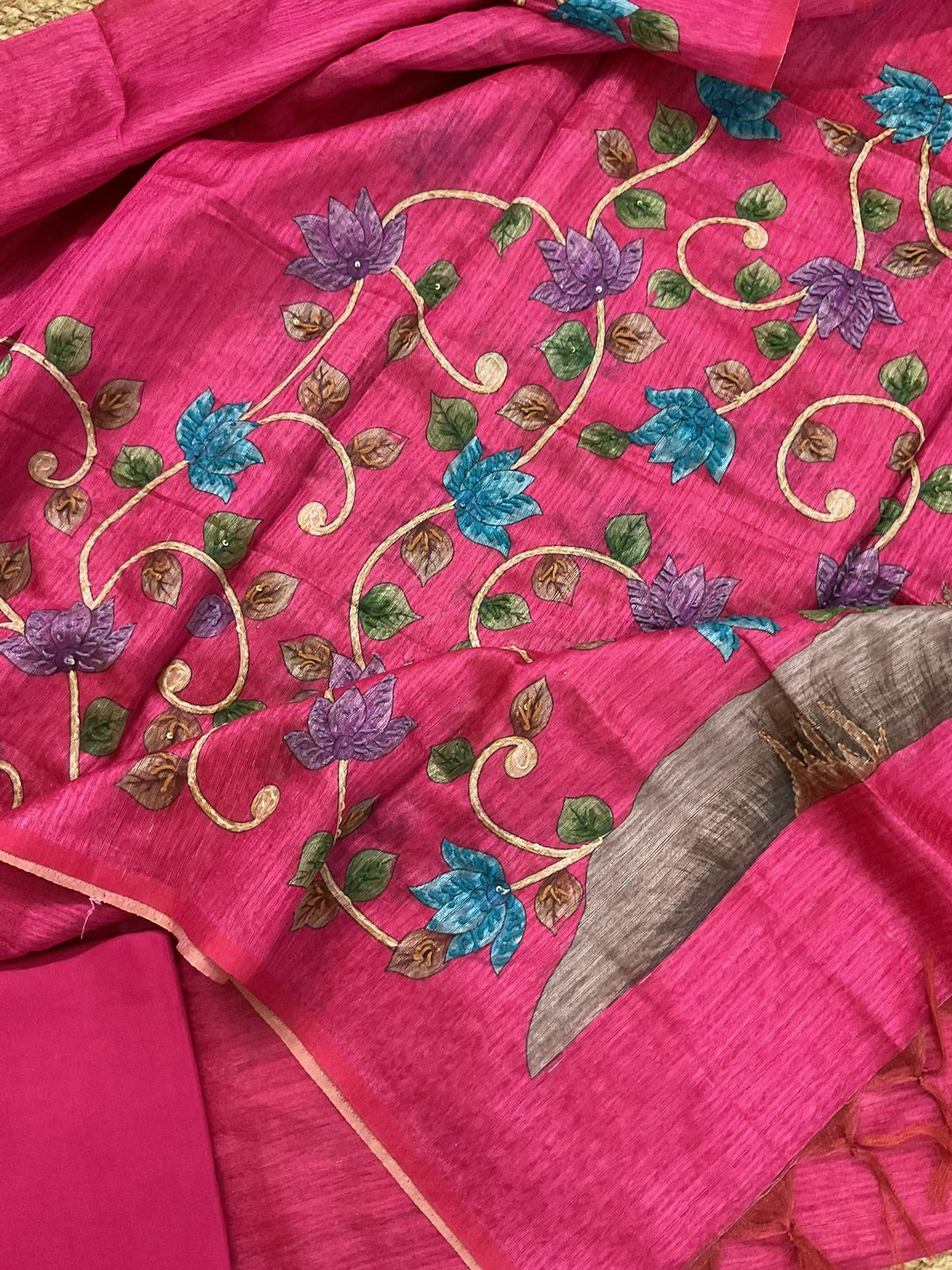 Soft Semi Raw Silk Printed Embroidered Suit - Pink