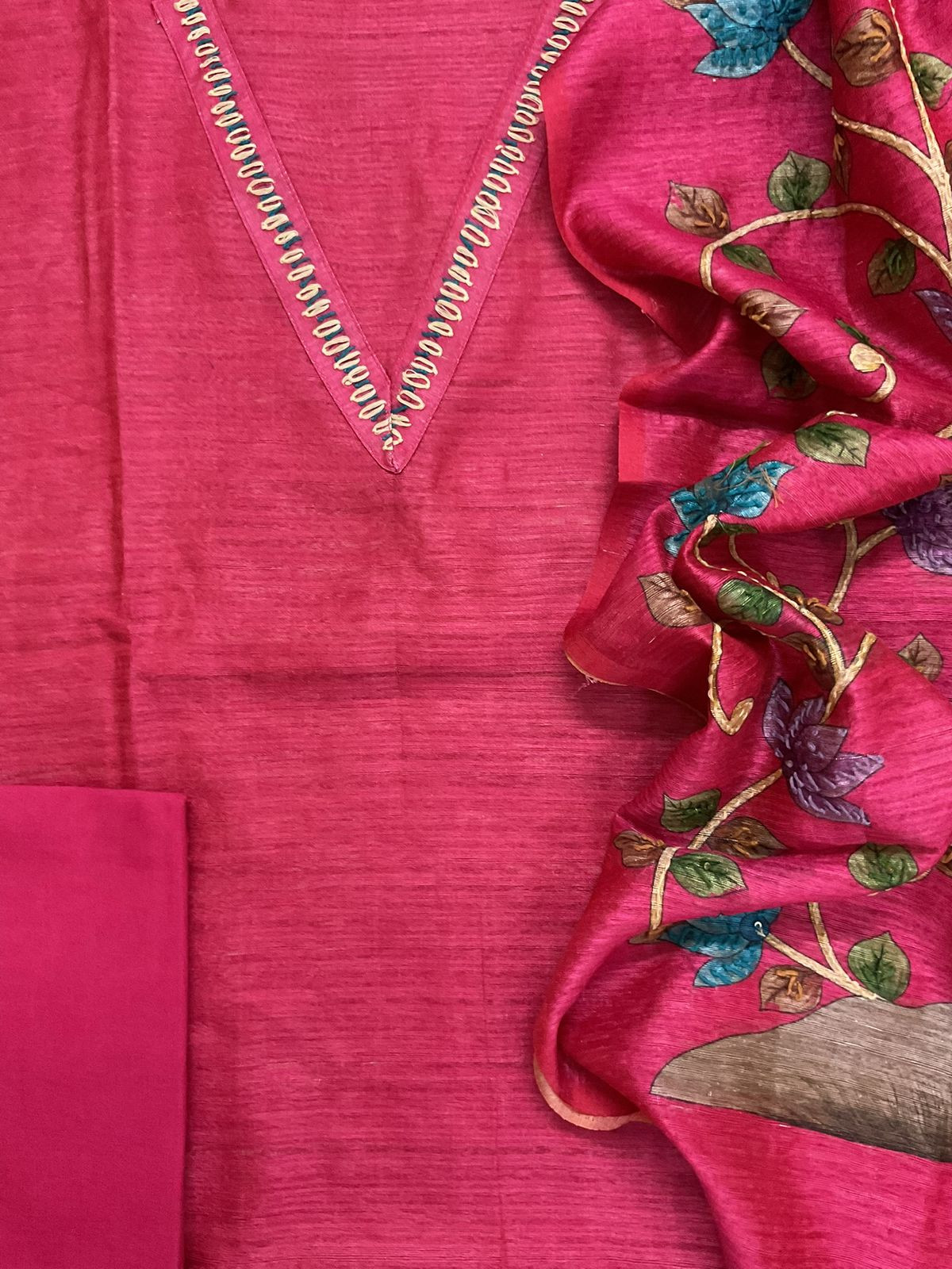 Soft Semi Raw Silk Printed Embroidered Suit - Pink