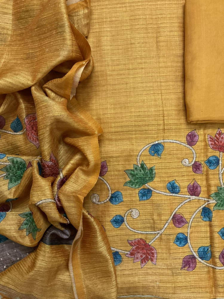 Image of Soft Semi Raw Silk Printed Embroidered Suit - Yellow