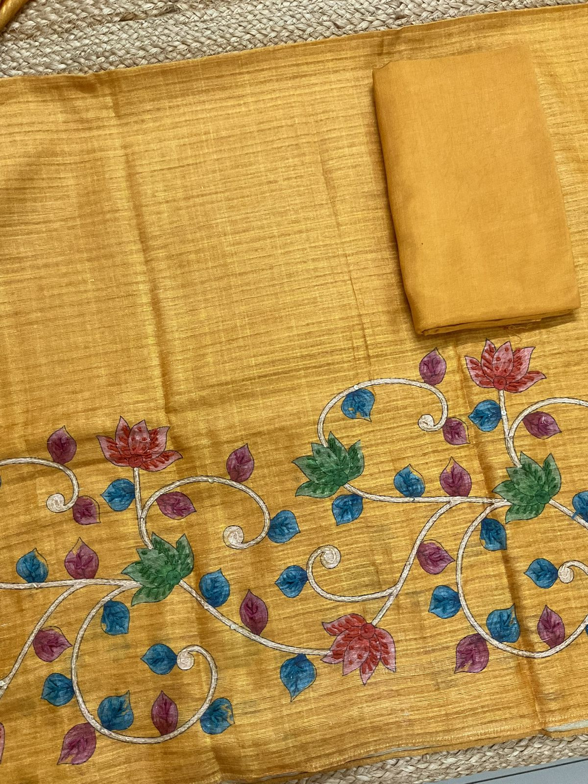 Soft Semi Raw Silk Printed Embroidered Suit - Yellow