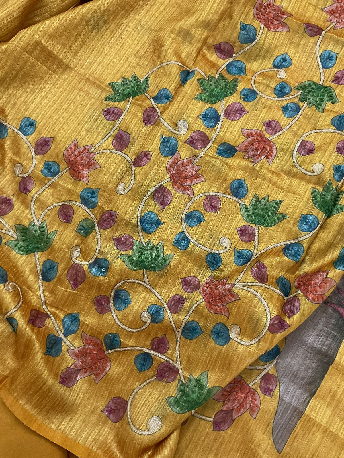 Soft Semi Raw Silk Printed Embroidered Suit - Yellow