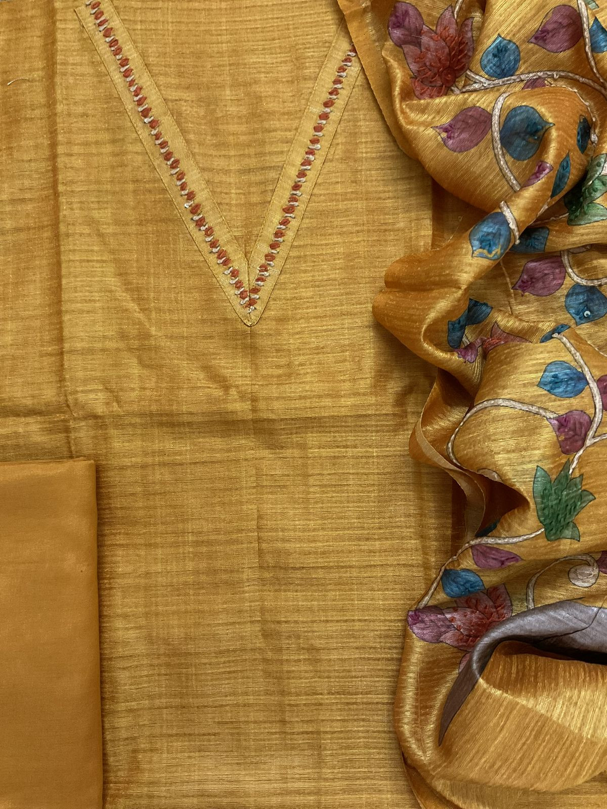 Soft Semi Raw Silk Printed Embroidered Suit - Yellow
