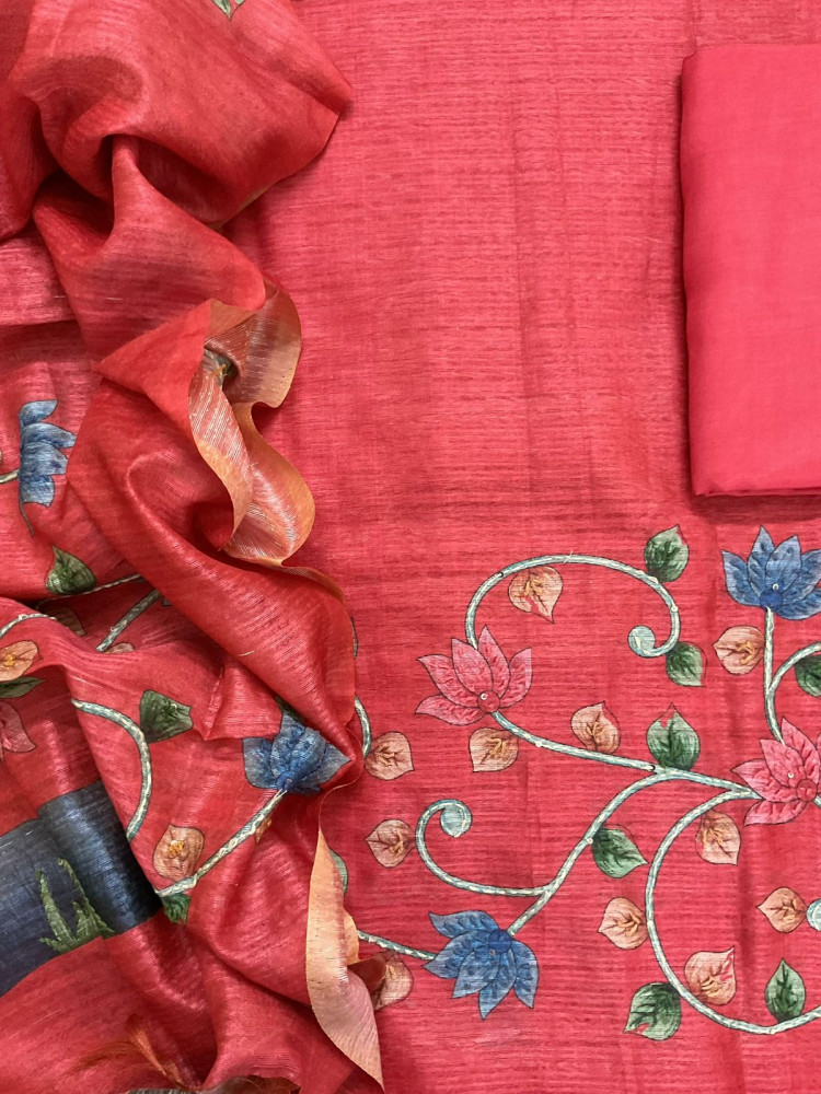 Image of Soft Semi Raw Silk Printed Embroidered Suit - Red