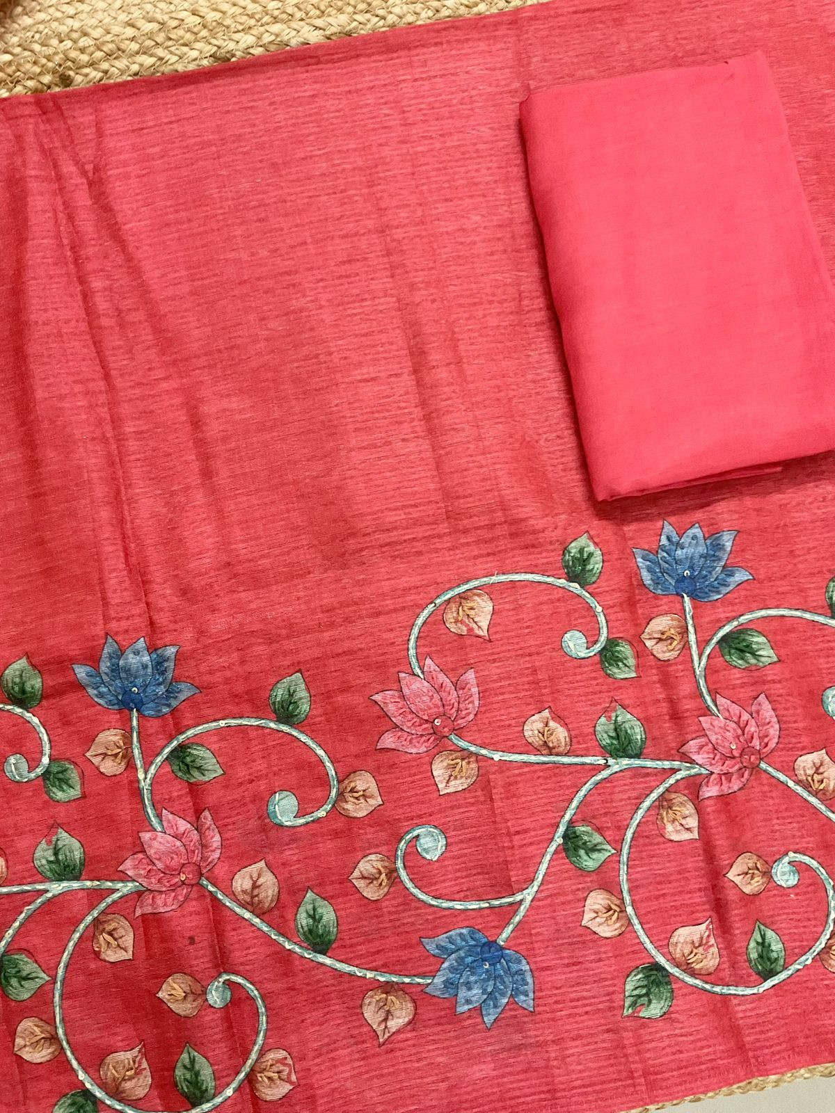 Soft Semi Raw Silk Printed Embroidered Suit - Red