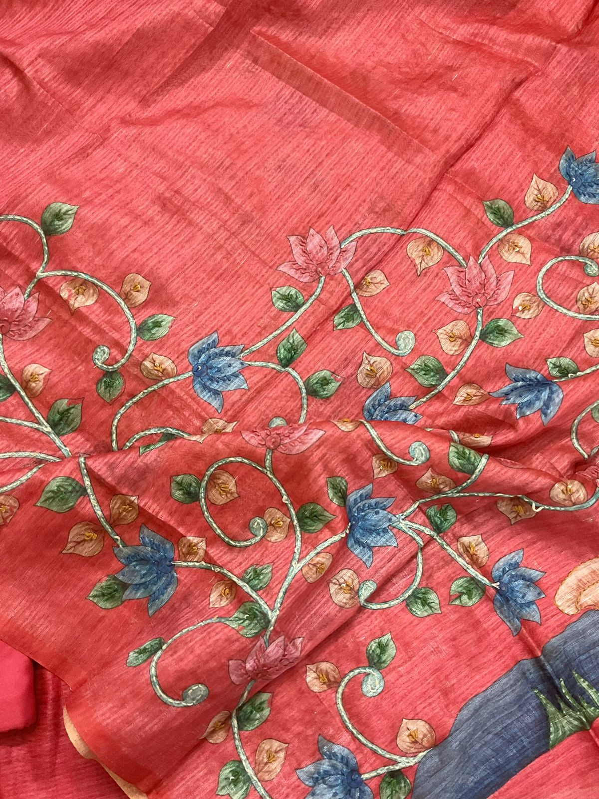 Soft Semi Raw Silk Printed Embroidered Suit - Red