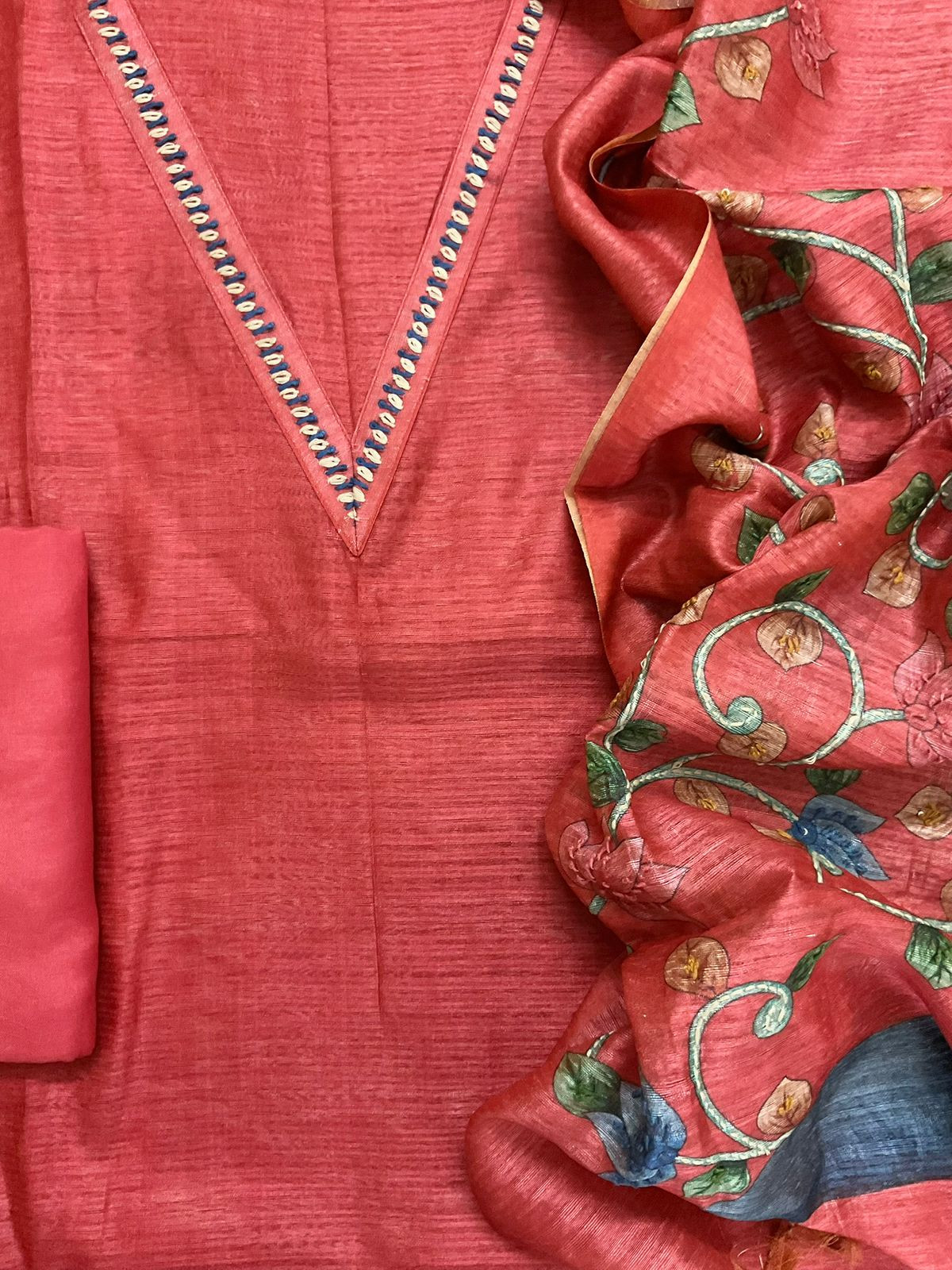 Soft Semi Raw Silk Printed Embroidered Suit - Red