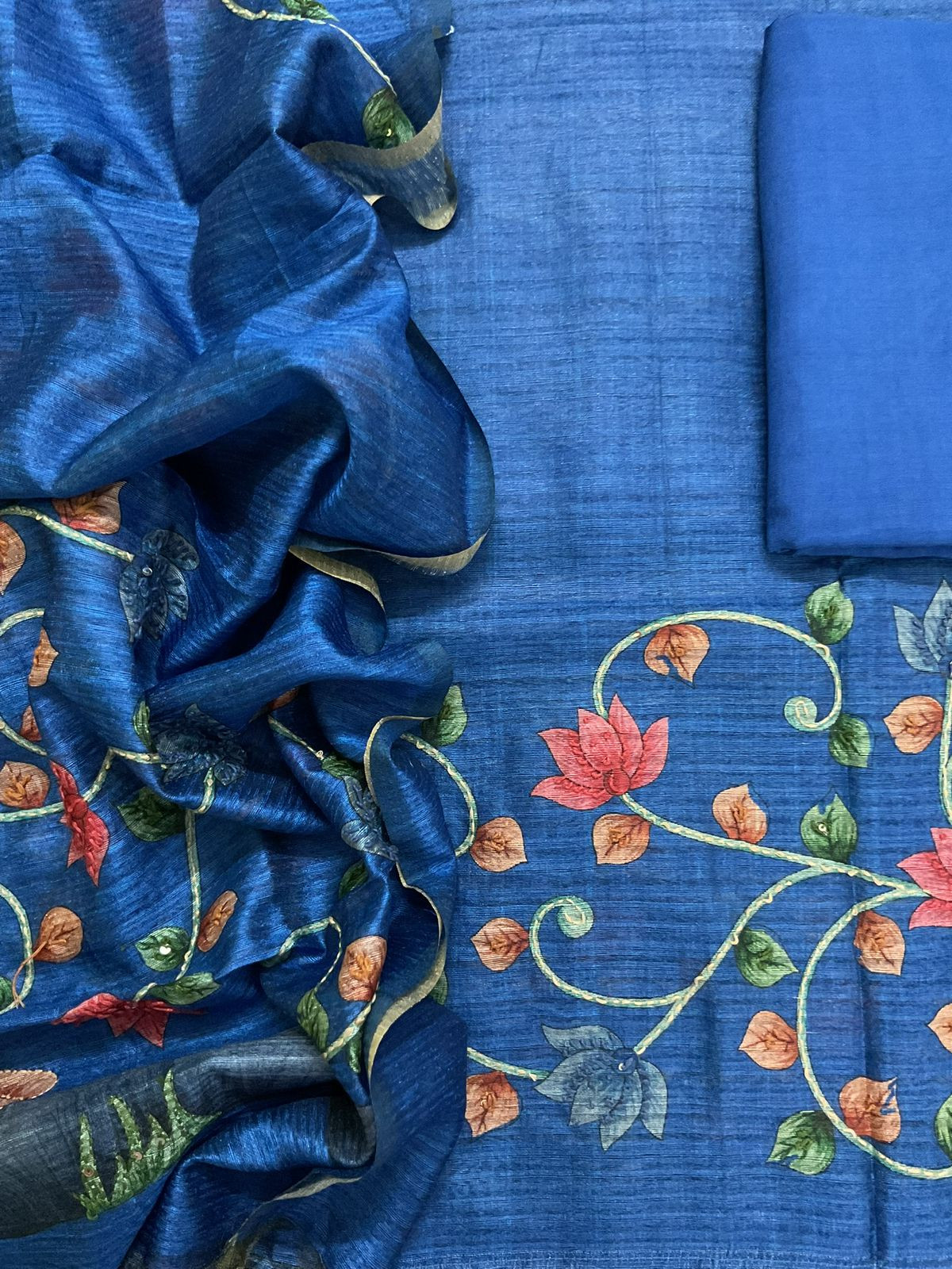 Soft Semi Raw Silk Printed Embroidered Suit - Blue