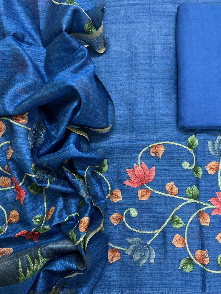 Image of Soft Semi Raw Silk Printed Embroidered Suit - Blue