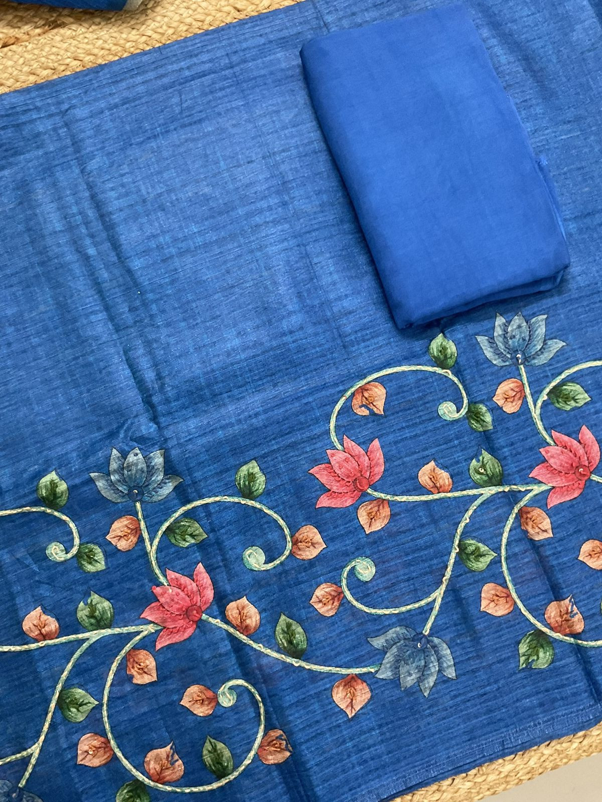 Soft Semi Raw Silk Printed Embroidered Suit - Blue