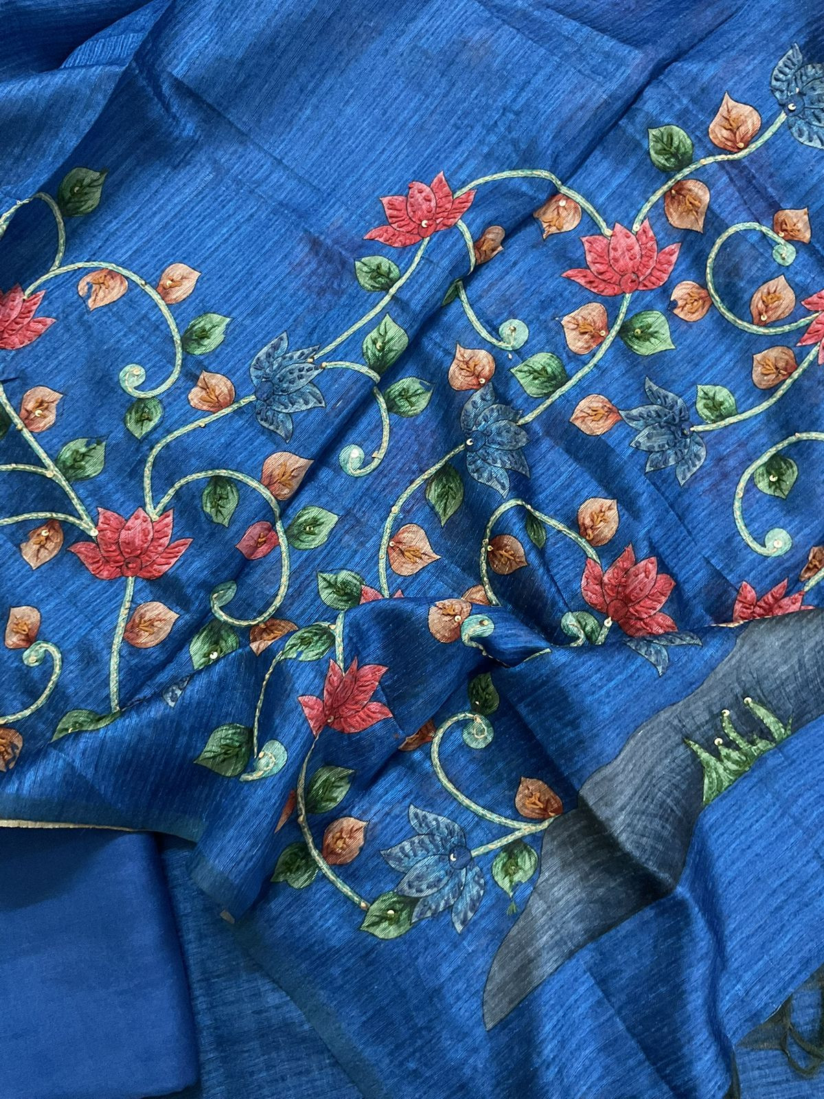 Soft Semi Raw Silk Printed Embroidered Suit - Blue