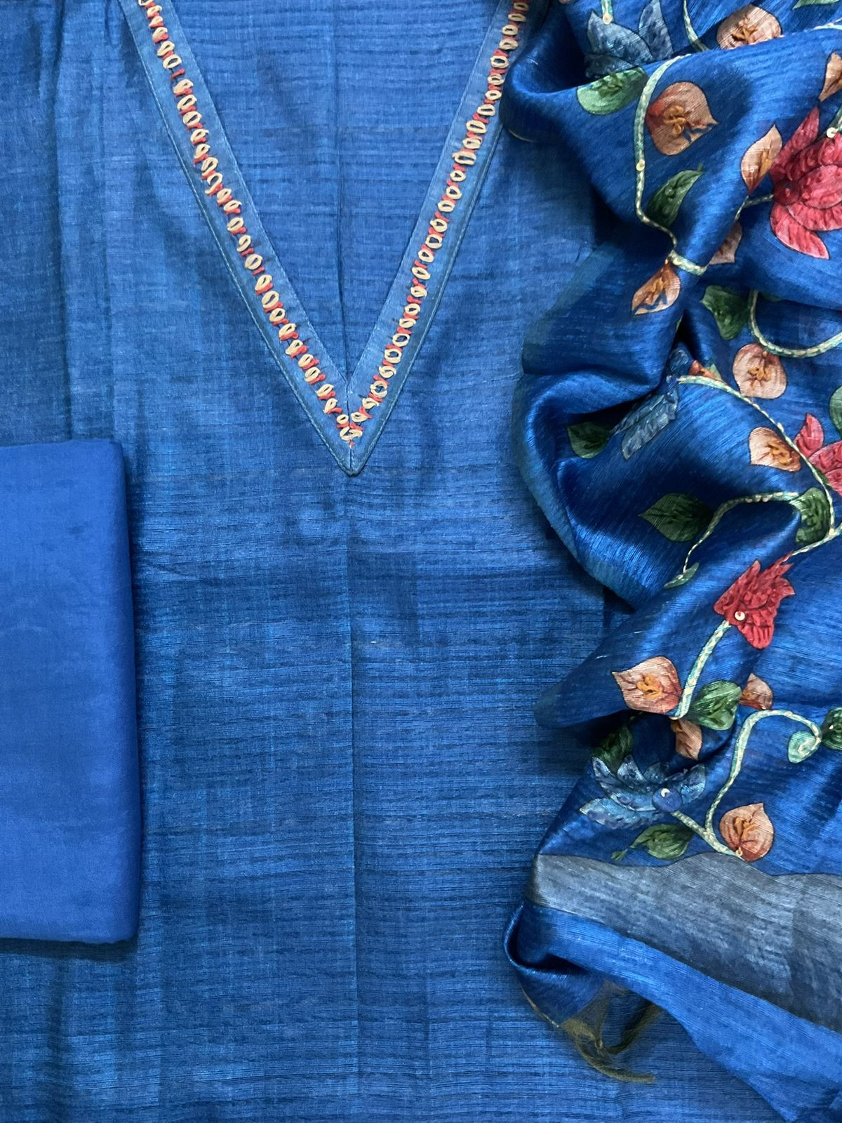 Soft Semi Raw Silk Printed Embroidered Suit - Blue