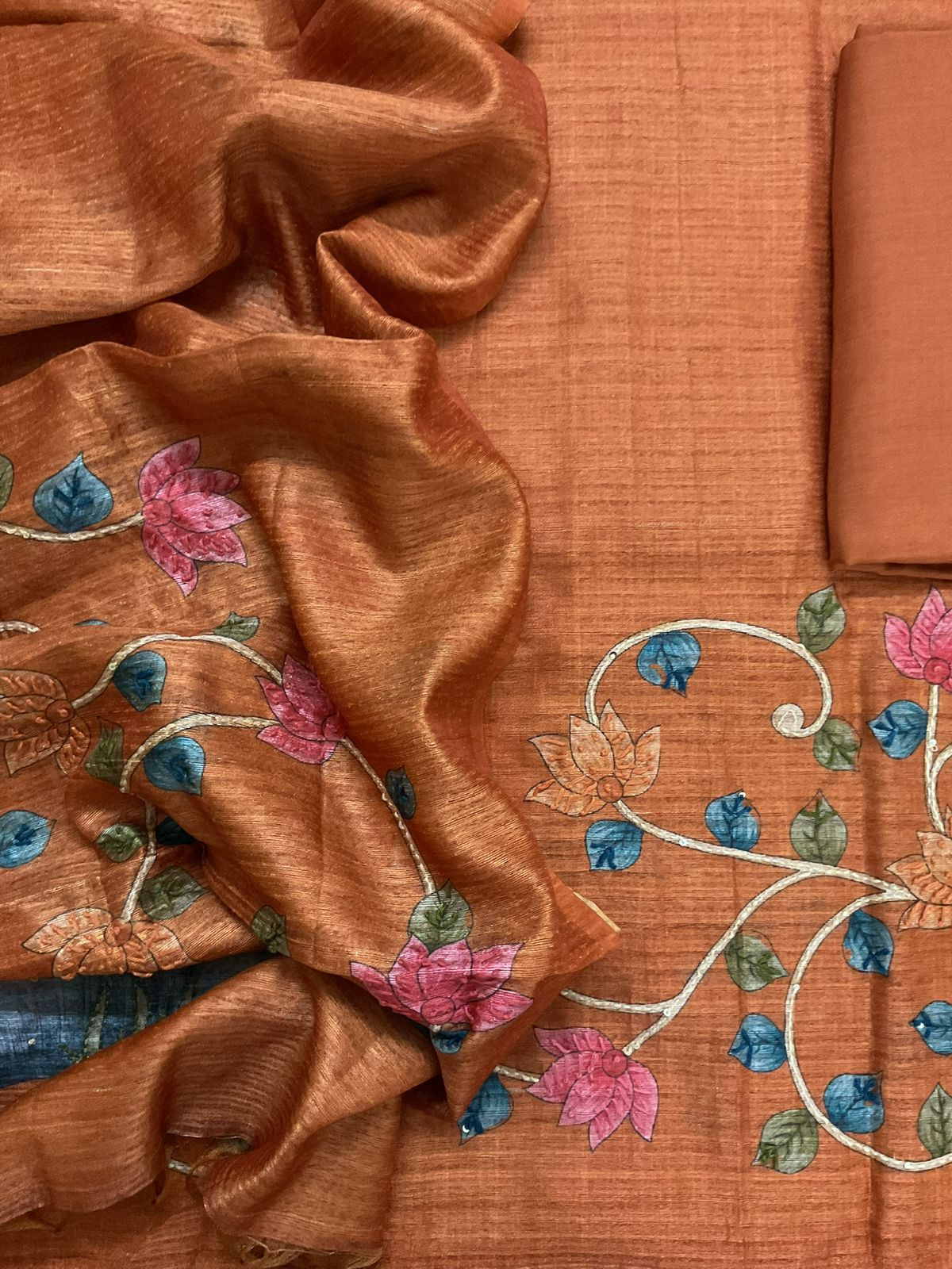 Soft Semi Raw Silk Printed Embroidered Suit - Brown