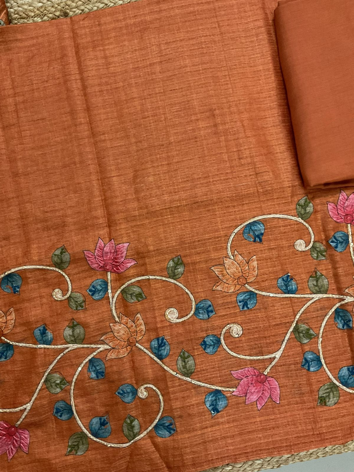 Soft Semi Raw Silk Printed Embroidered Suit - Brown
