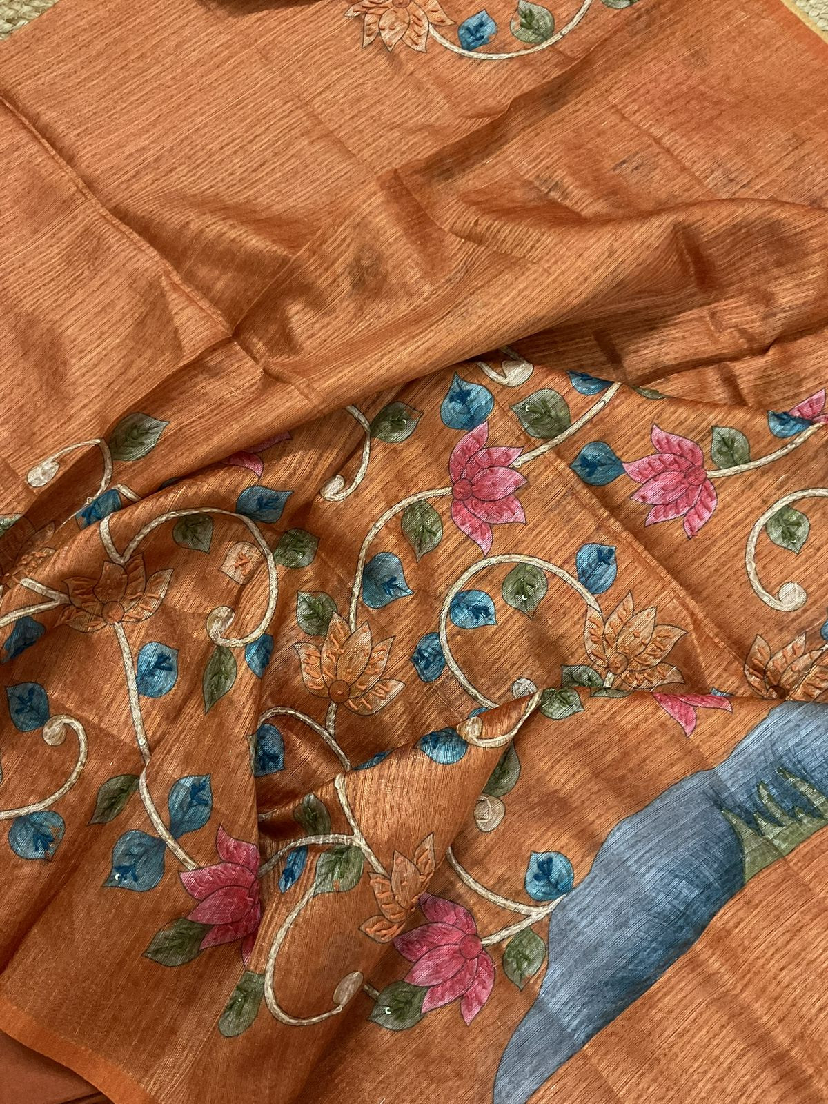 Soft Semi Raw Silk Printed Embroidered Suit - Brown