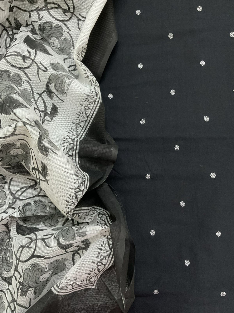 Image of Pure Handloom Cotton Self Weaved Printed Suit - Black