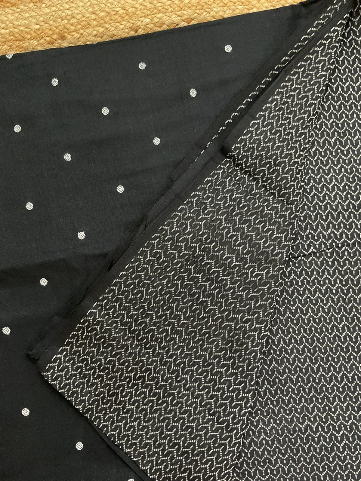 Pure Handloom Cotton Self Weaved Printed Suit - Black