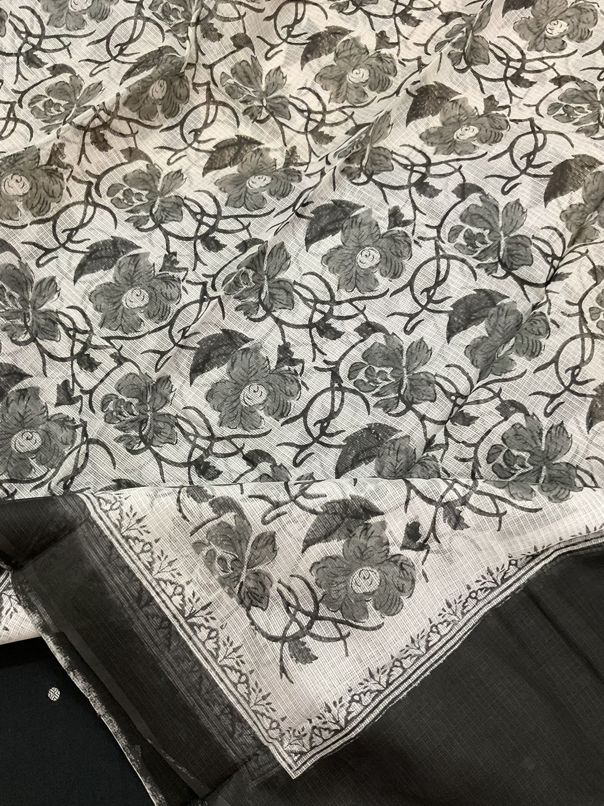 Pure Handloom Cotton Self Weaved Printed Suit - Black