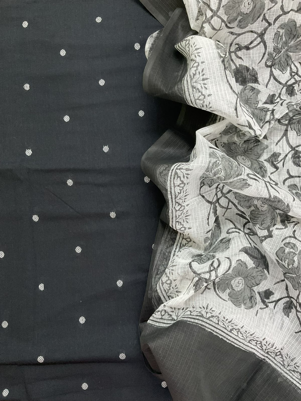 Pure Handloom Cotton Self Weaved Printed Suit - Black