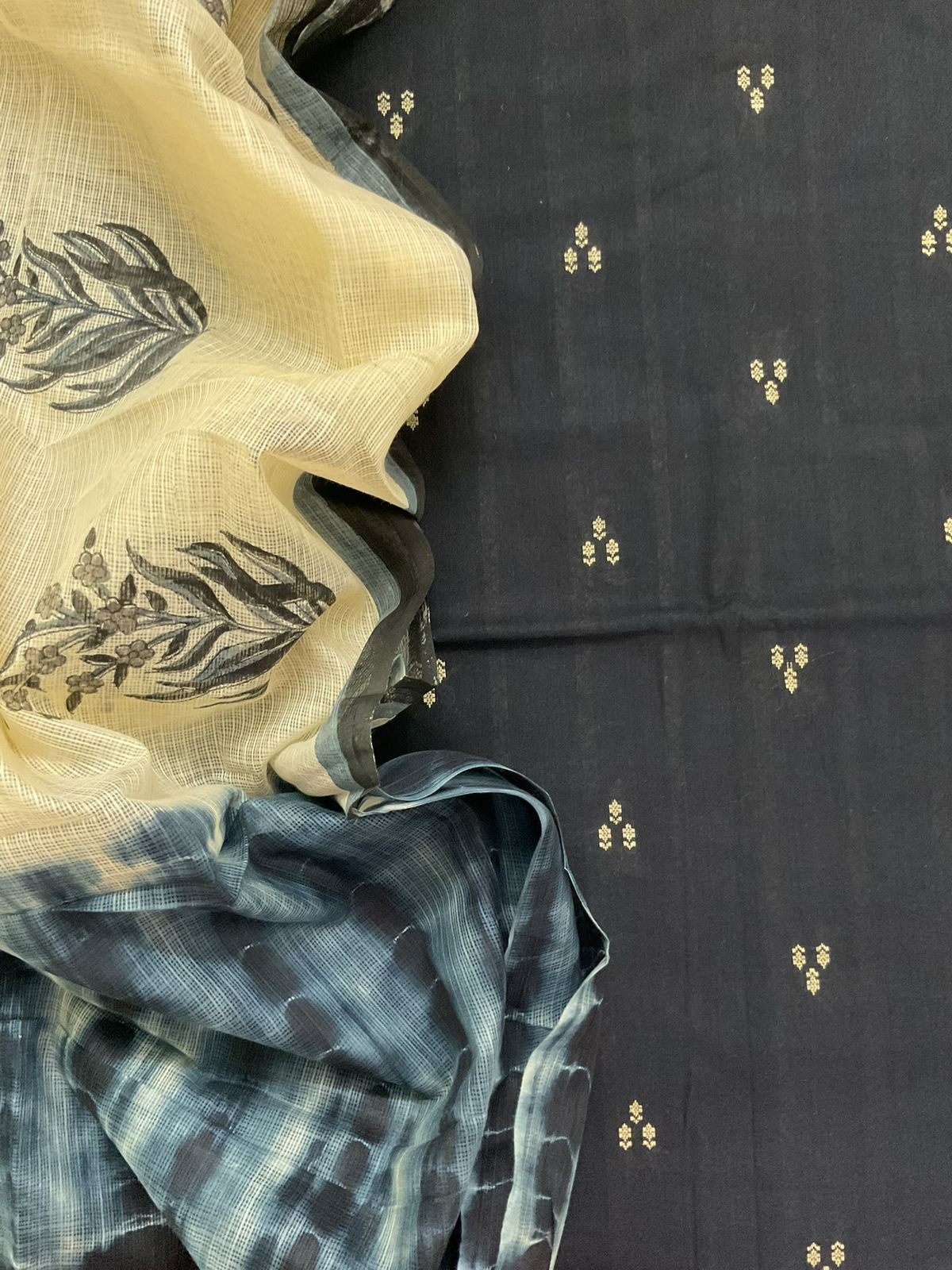 Pure Handloom Cotton Self Weaved Printed Suit - Black