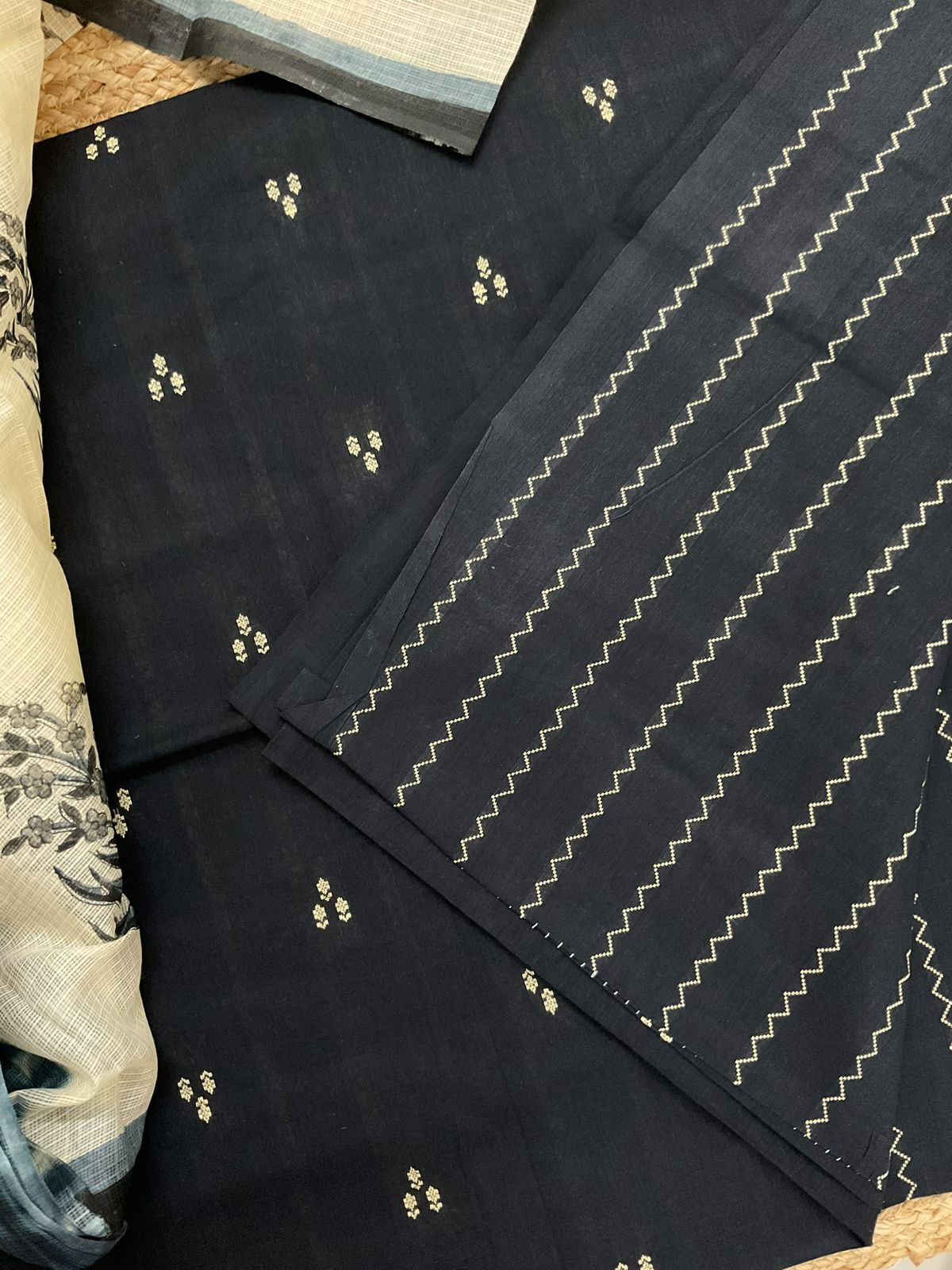 Pure Handloom Cotton Self Weaved Printed Suit - Black