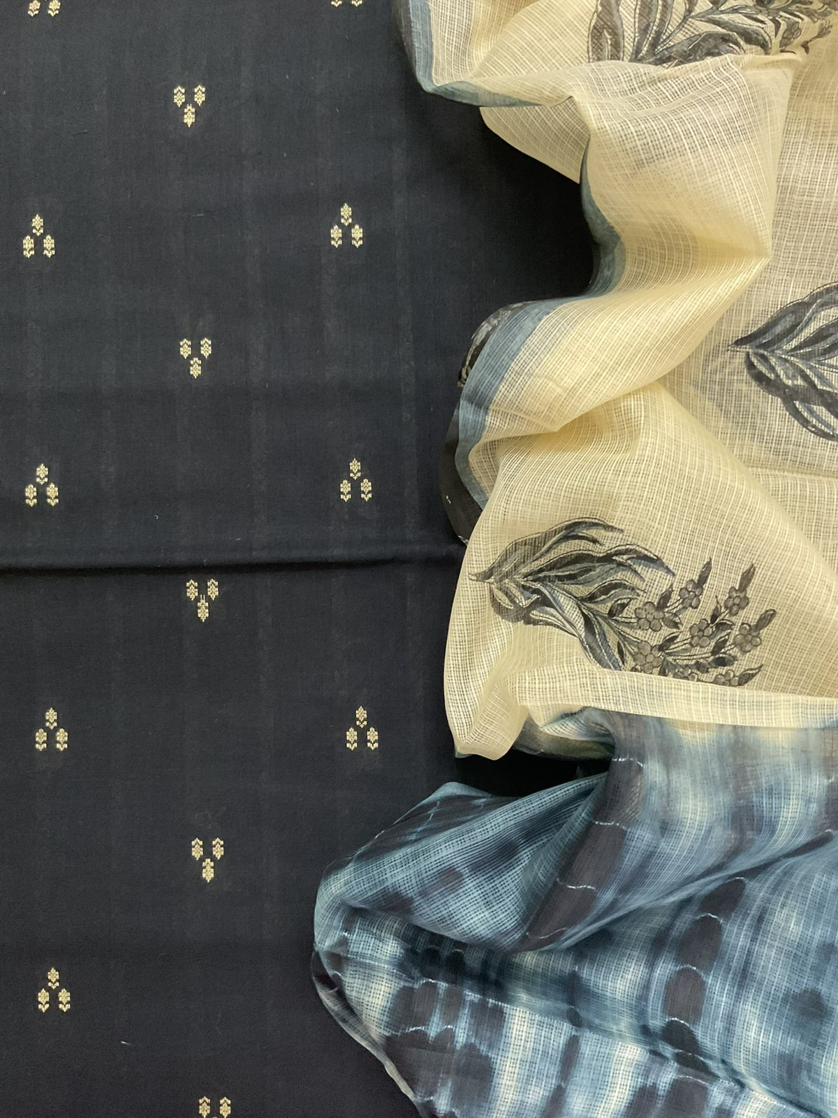 Pure Handloom Cotton Self Weaved Printed Suit - Black