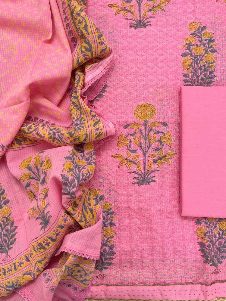 Image of Pure Kota Cotton Printed Embroidered Suit - Pink