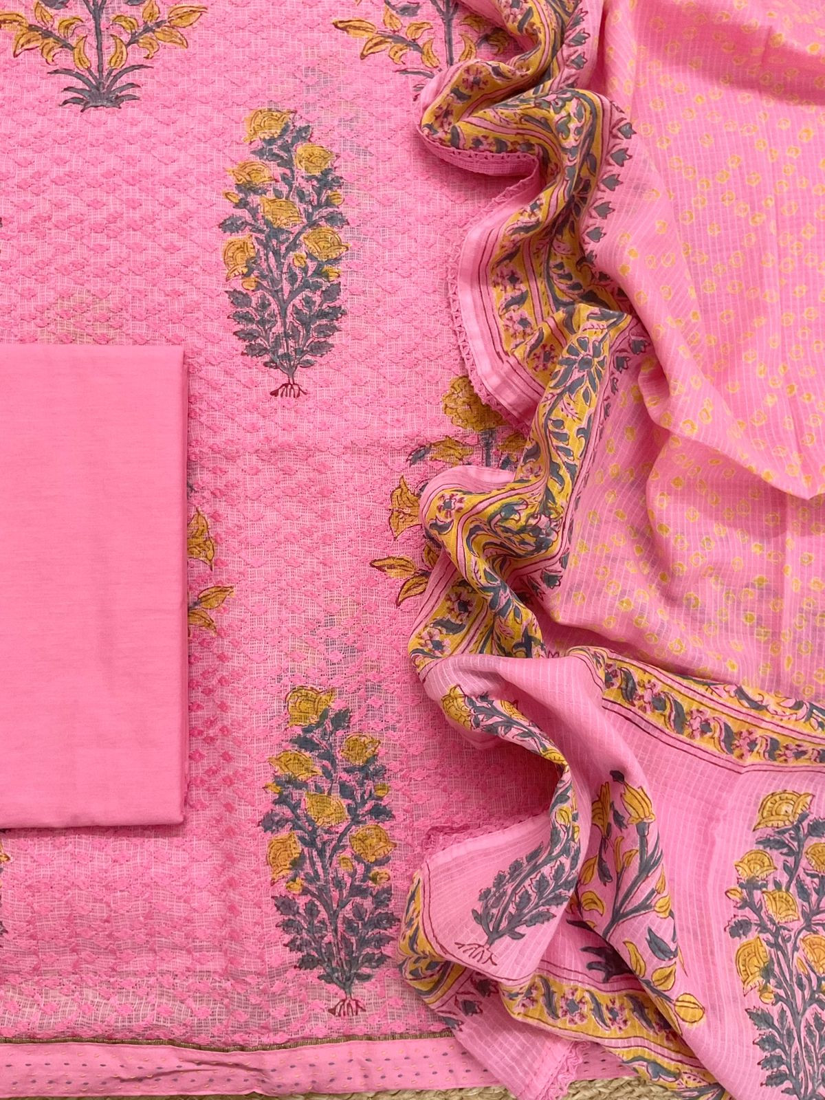 Pure Kota Cotton Printed Embroidered Suit - Pink