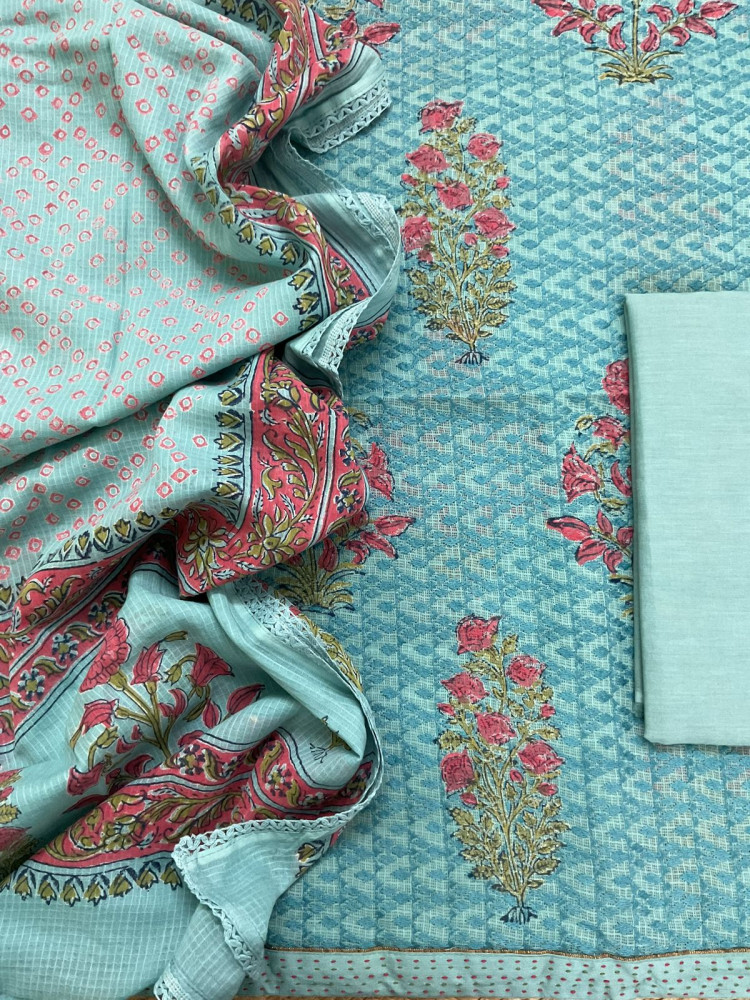 Image of Pure Kota Cotton Printed Embroidered Suit - Blue