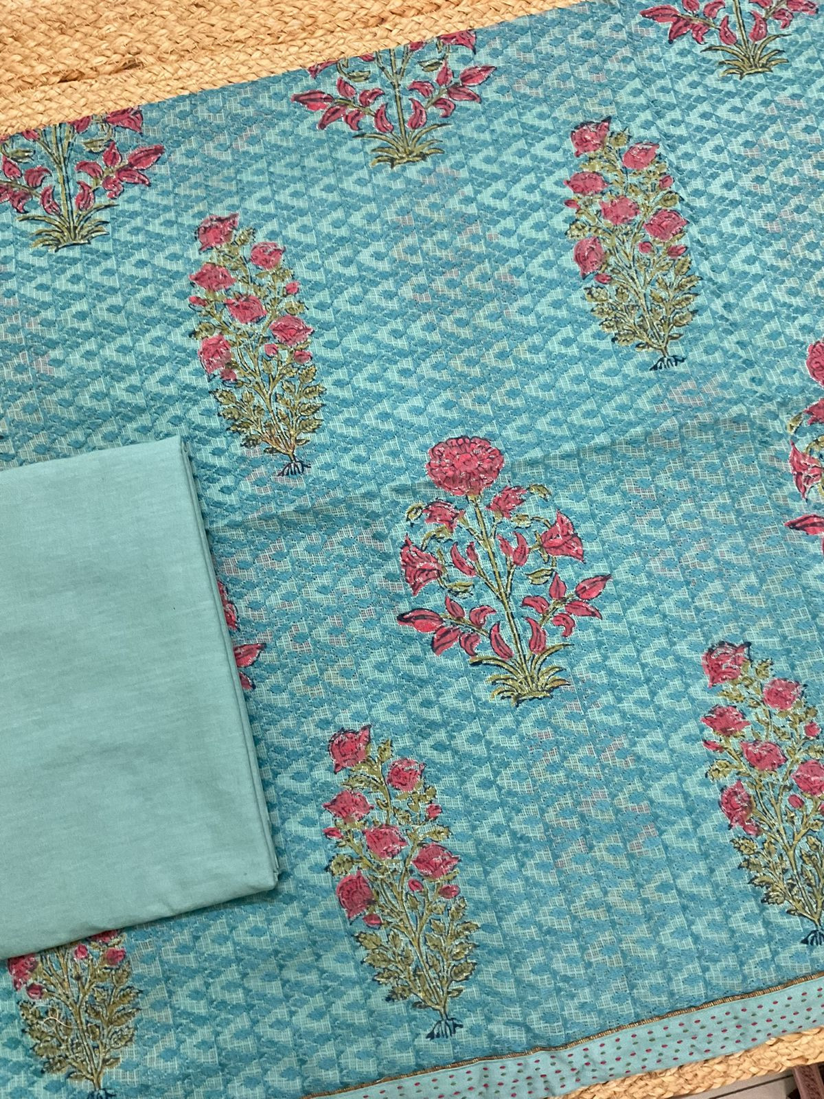 Pure Kota Cotton Printed Embroidered Suit - Blue