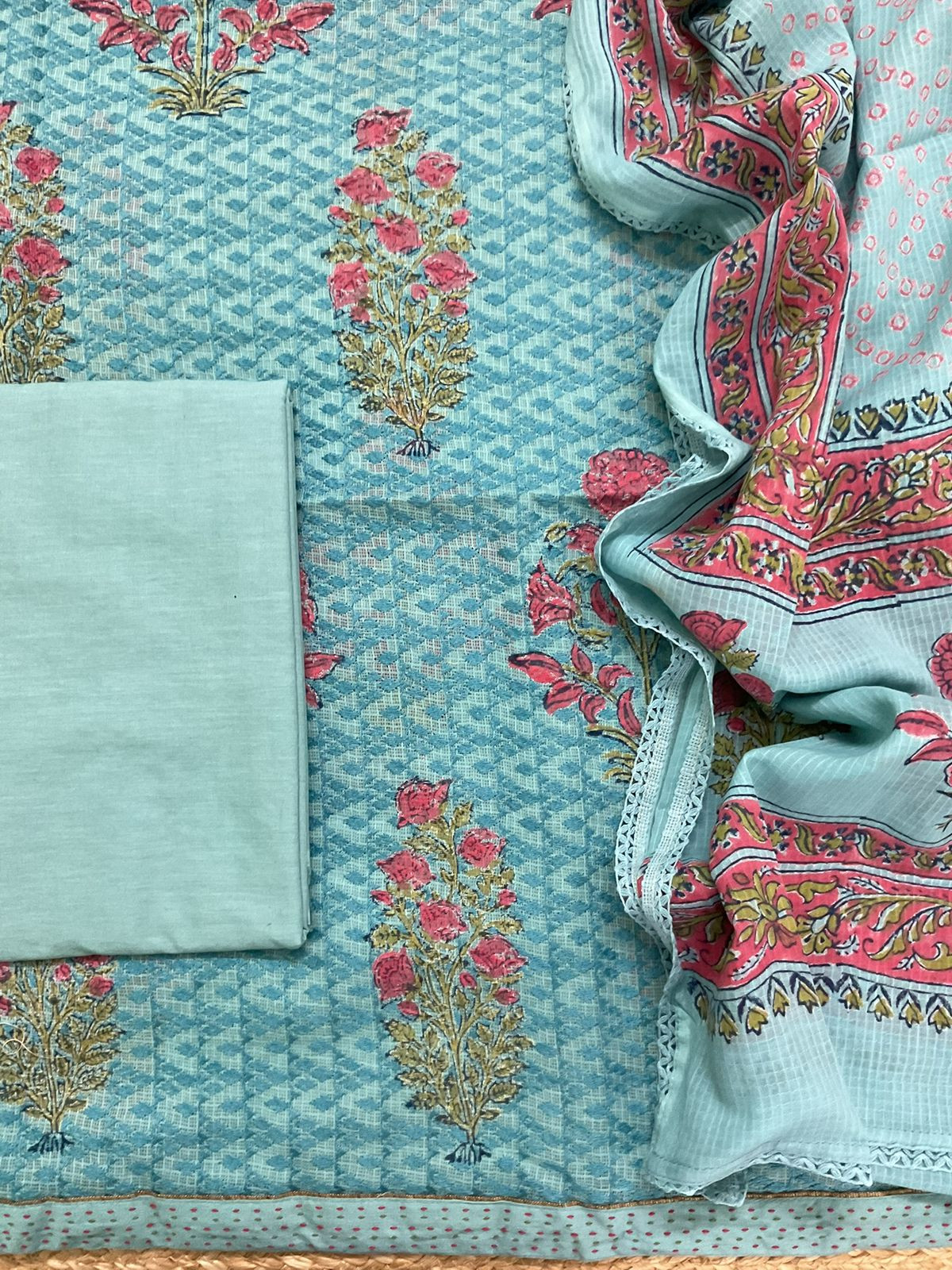 Pure Kota Cotton Printed Embroidered Suit - Blue