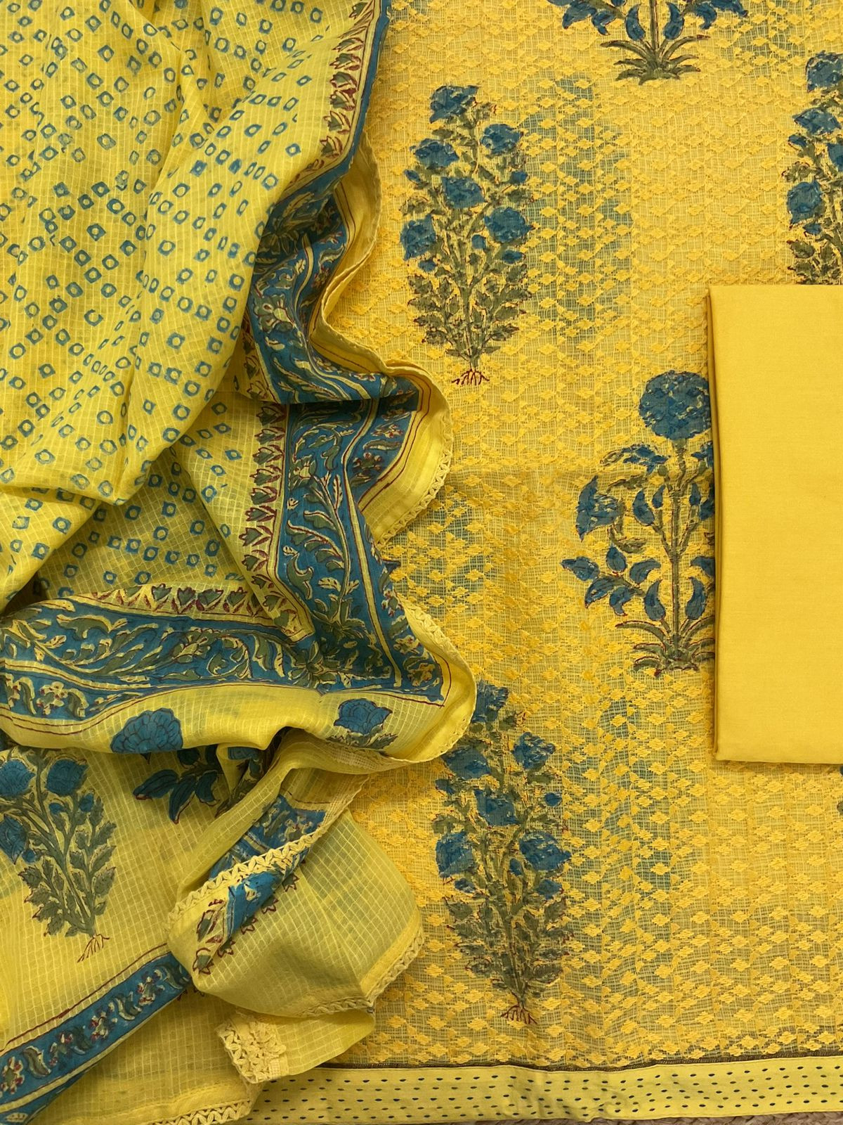Pure Kota Cotton Printed Embroidered Suit - Yellow