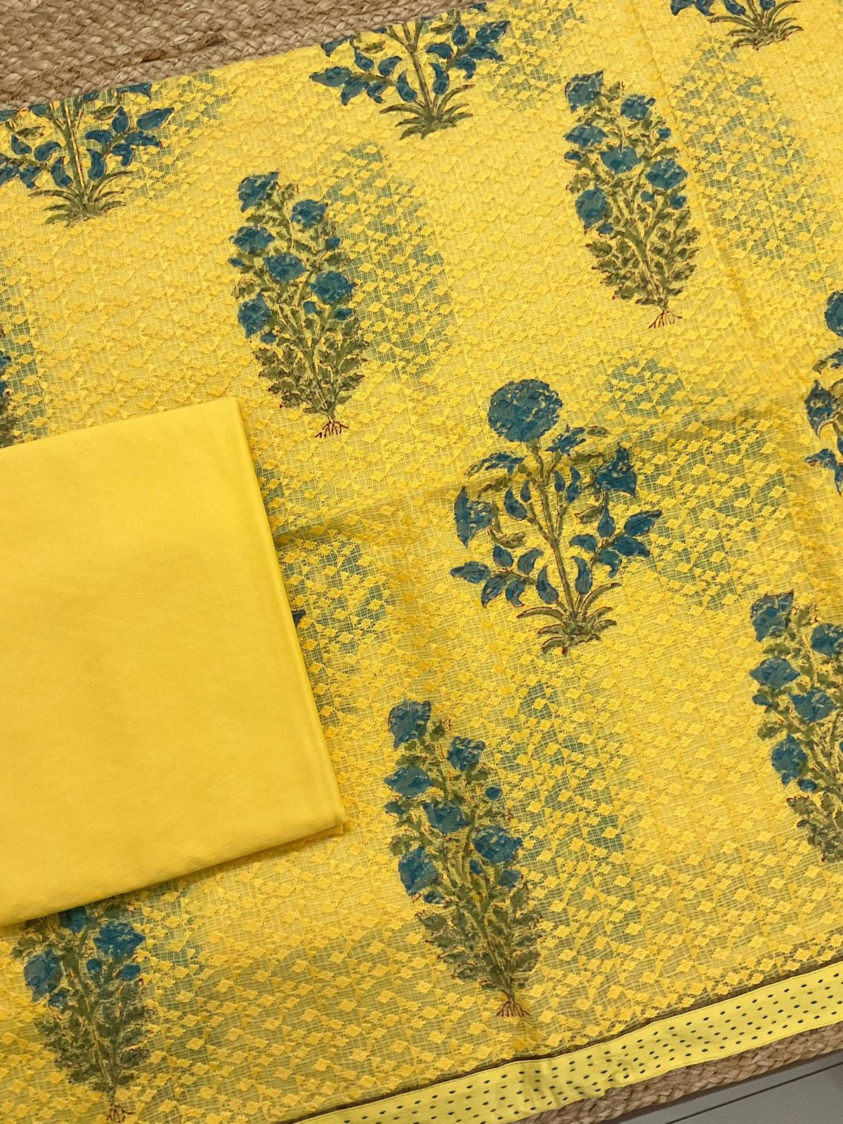 Pure Kota Cotton Printed Embroidered Suit - Yellow
