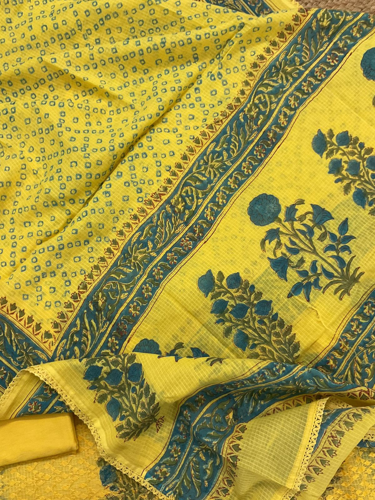 Pure Kota Cotton Printed Embroidered Suit - Yellow