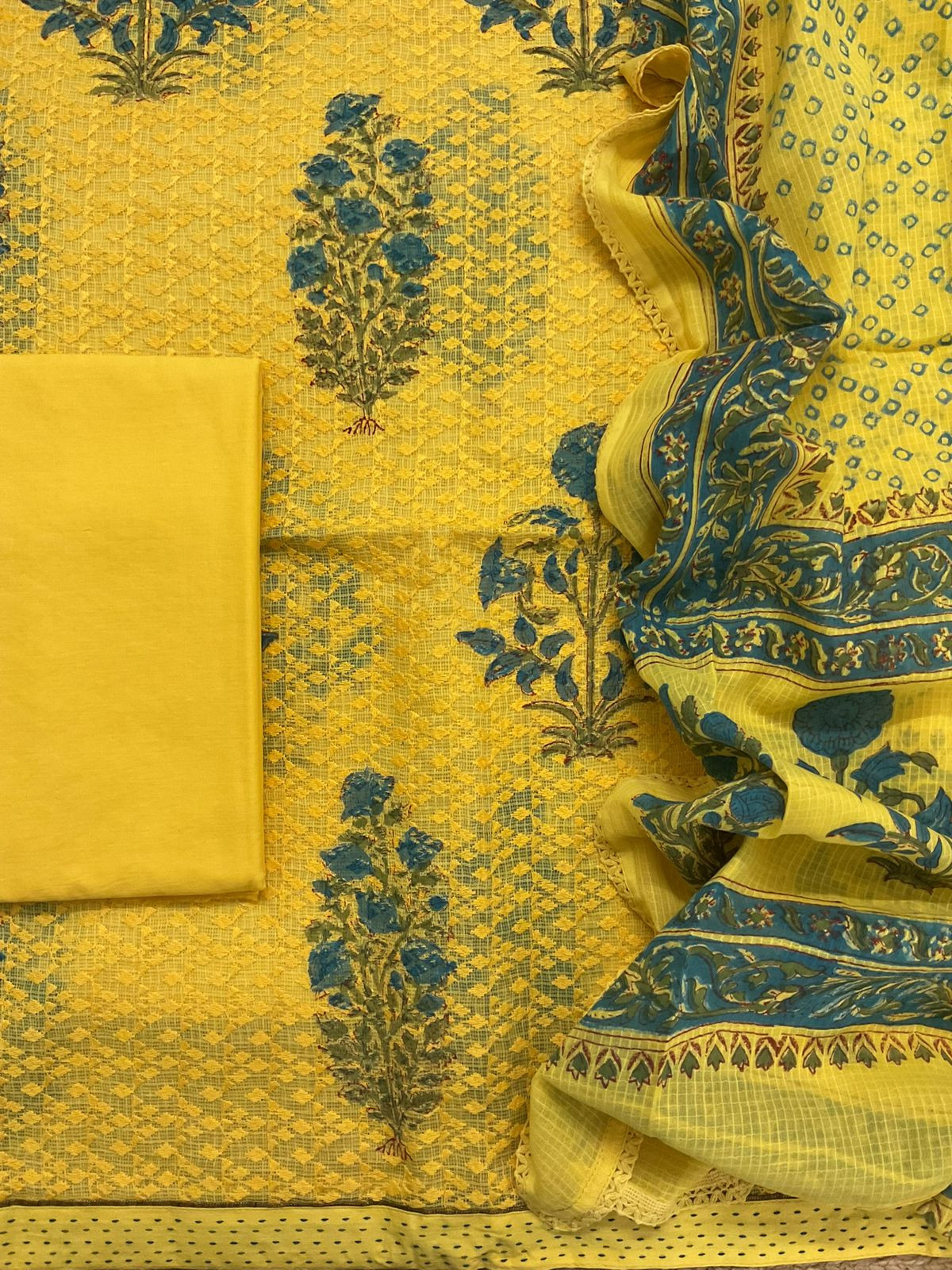 Pure Kota Cotton Printed Embroidered Suit - Yellow